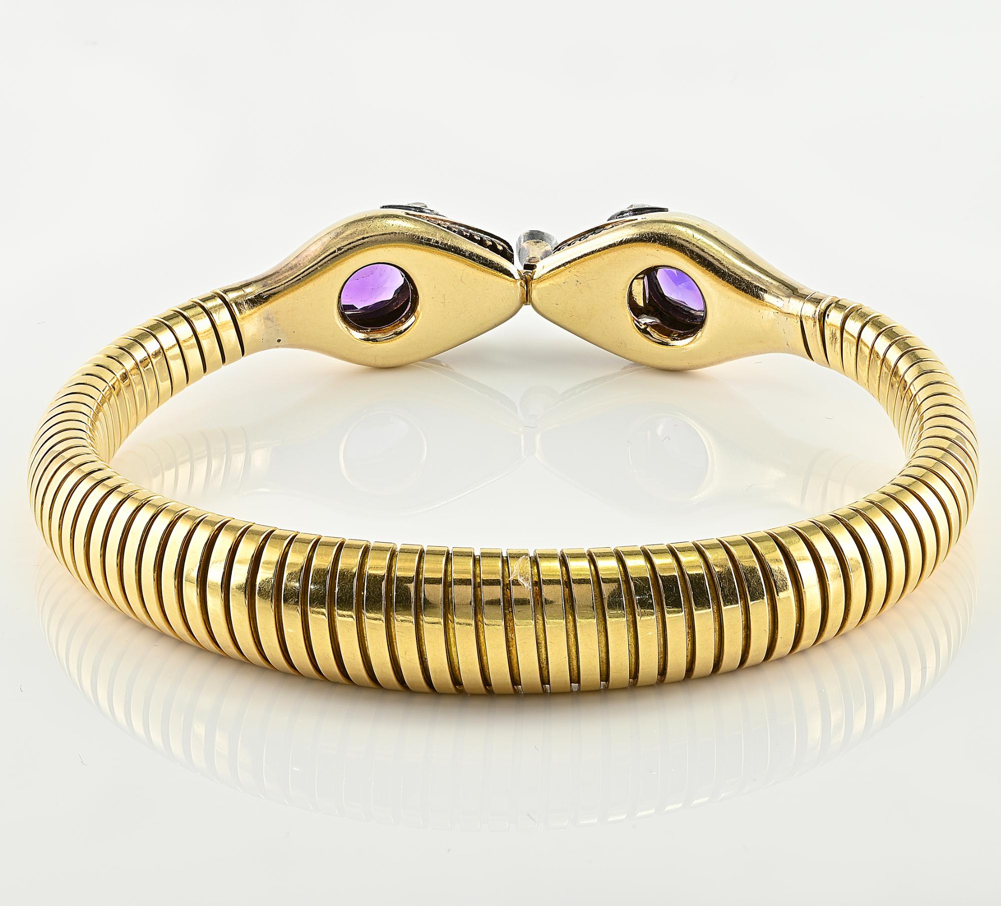 Retro Amethyst Diamond Double Snake 18 Kt Tubogas Bracelet For Sale 6