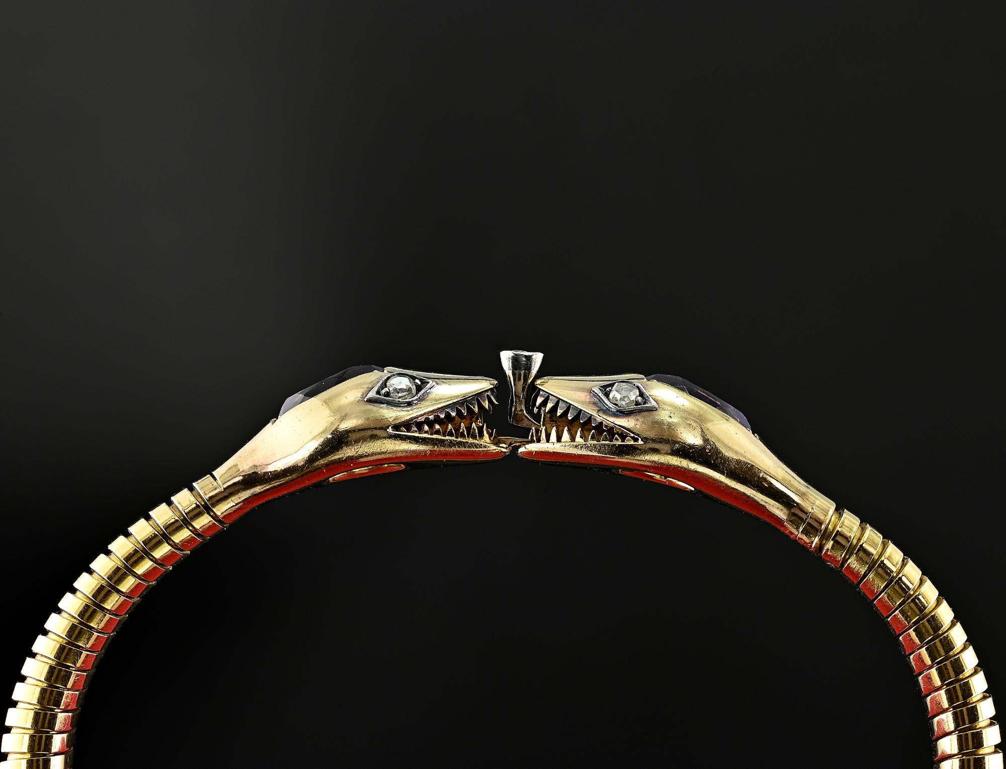 Pear Cut Retro Amethyst Diamond Double Snake 18 Kt Tubogas Bracelet For Sale