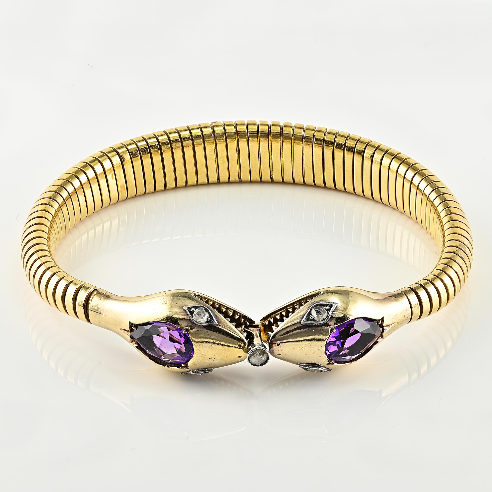 Retro Amethyst Diamond Double Snake 18 Kt Tubogas Bracelet In Good Condition For Sale In Napoli, IT