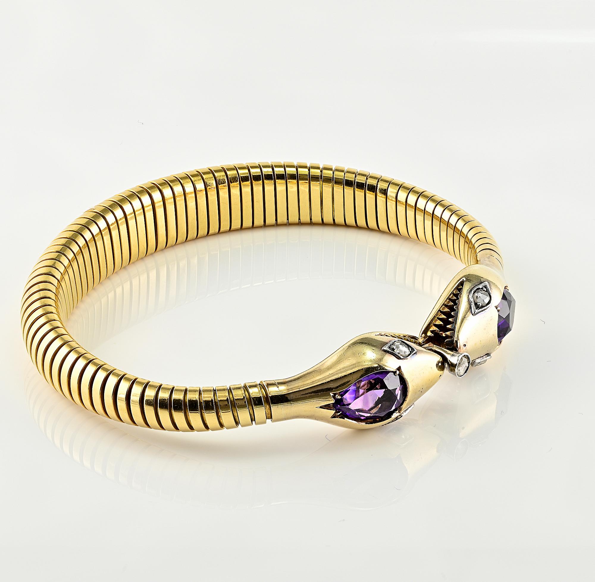 Women's Retro Amethyst Diamond Double Snake 18 Kt Tubogas Bracelet For Sale