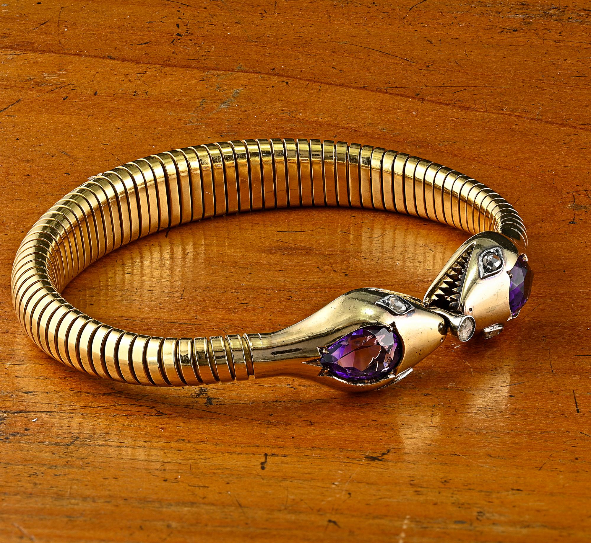 Retro Amethyst Diamond Double Snake 18 Kt Tubogas Bracelet For Sale 1