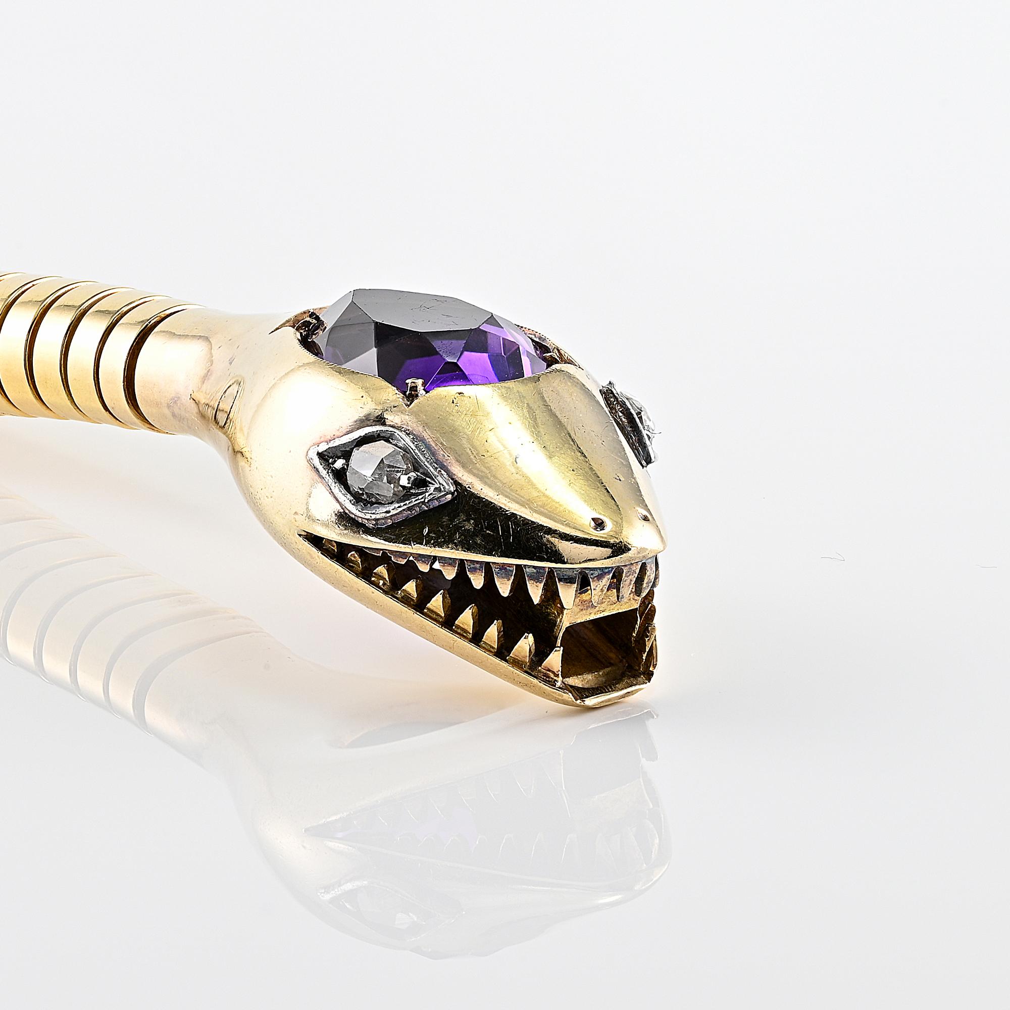 Retro Amethyst Diamond Double Snake 18 Kt Tubogas Bracelet For Sale 2