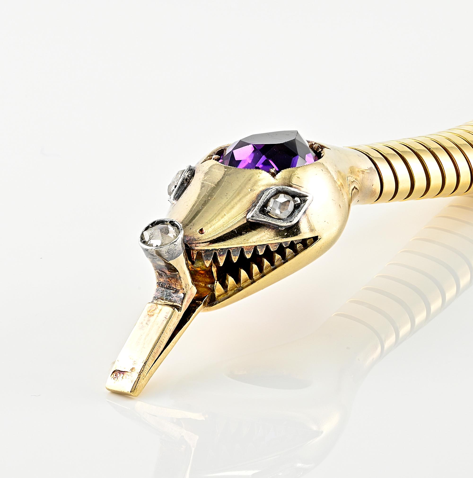 Retro Amethyst Diamond Double Snake 18 Kt Tubogas Bracelet For Sale 4