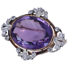 Victorian Amethyst Diamonds Brooch Silver 18 Karat Gold, 1900