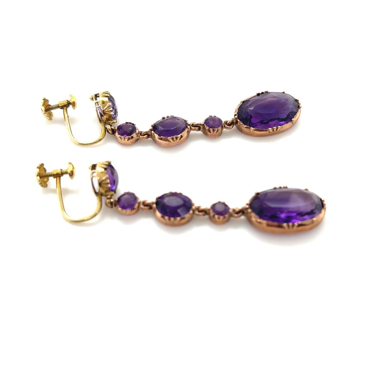 Victorian Amethyst Drop Earrings 15 Karat Yellow Gold For Sale 5