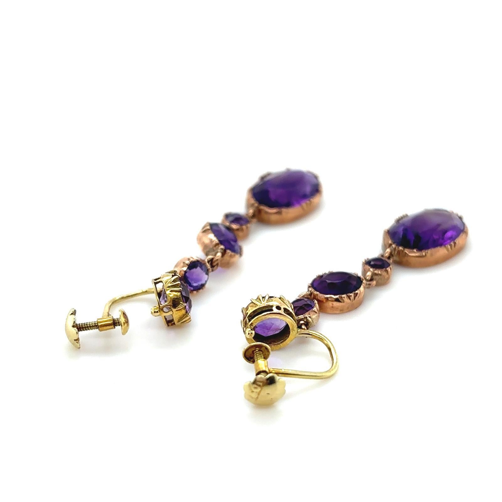 Victorian Amethyst Drop Earrings 15 Karat Yellow Gold For Sale 6