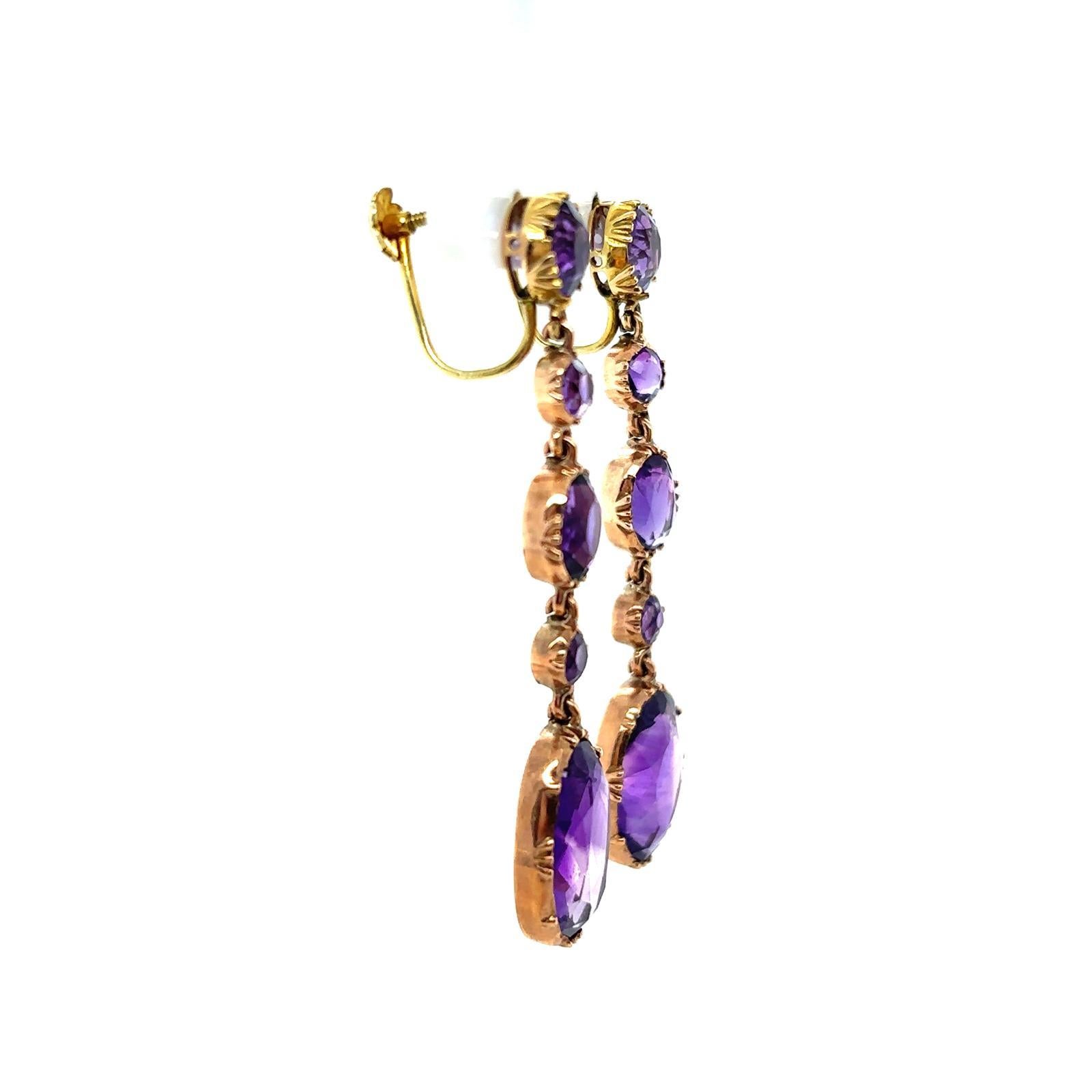 Oval Cut Victorian Amethyst Drop Earrings 15 Karat Yellow Gold For Sale