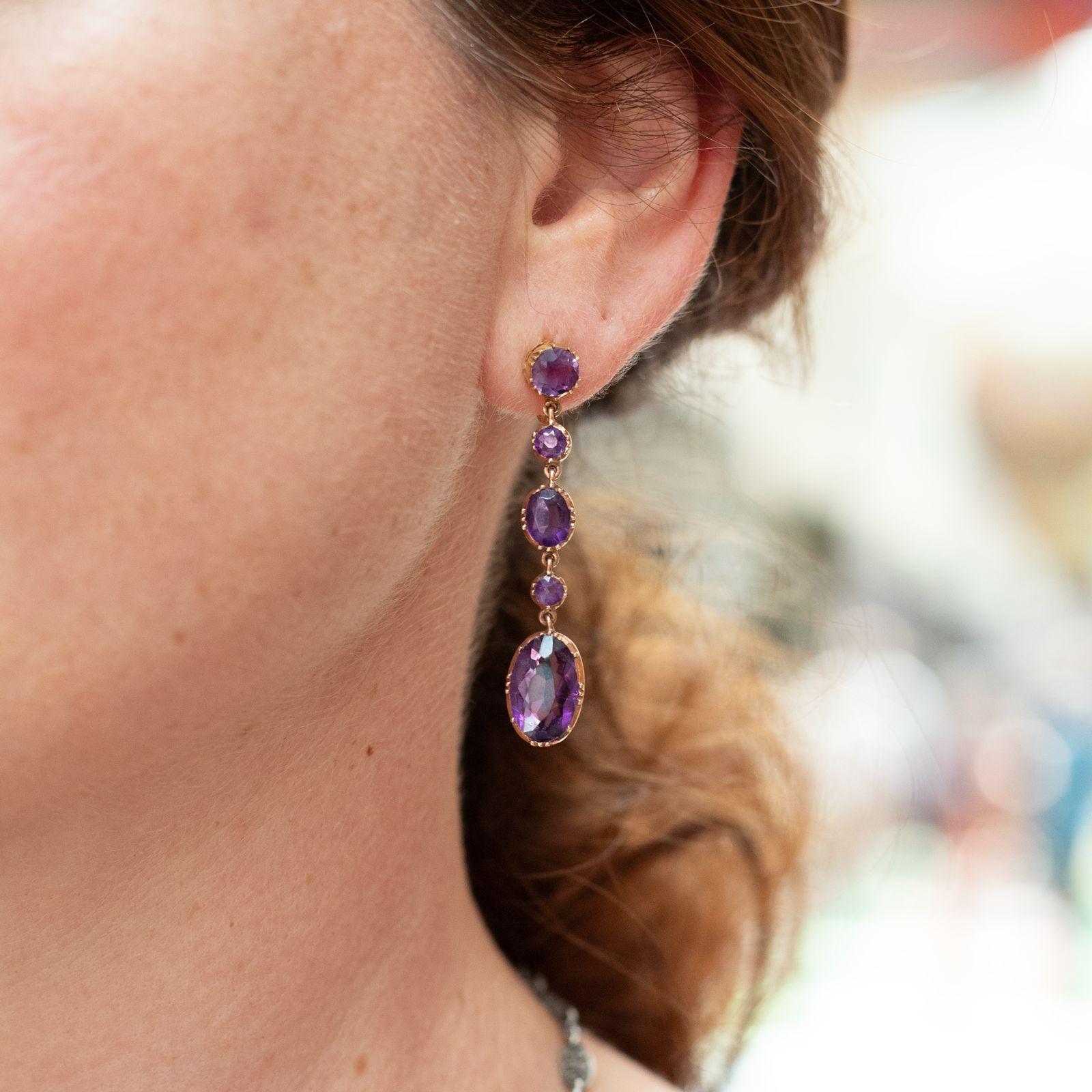 Victorian Amethyst Drop Earrings 15 Karat Yellow Gold In Good Condition For Sale In London, GB