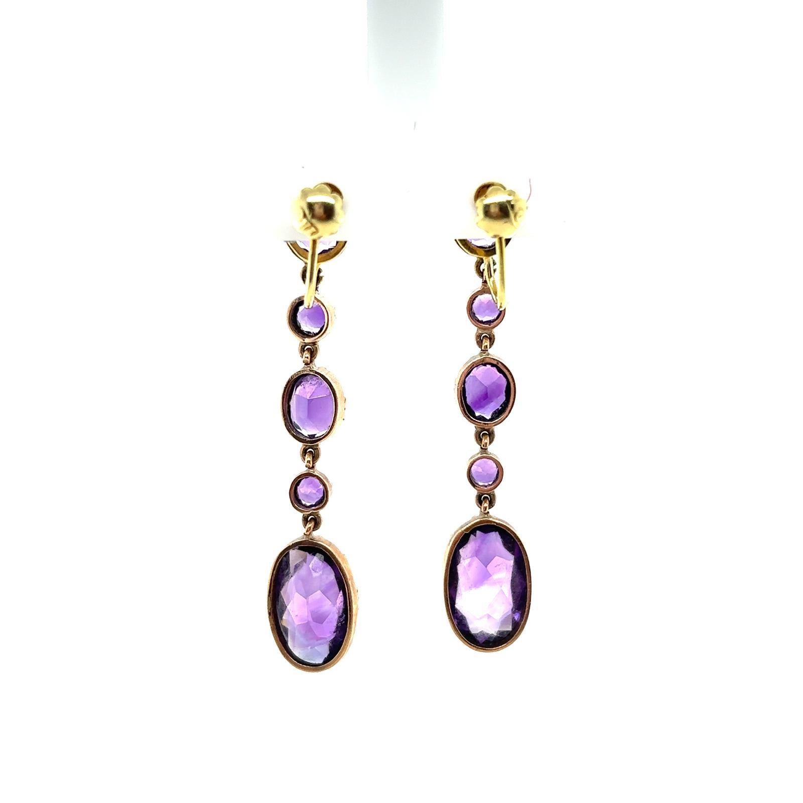 Victorian Amethyst Drop Earrings 15 Karat Yellow Gold For Sale 1