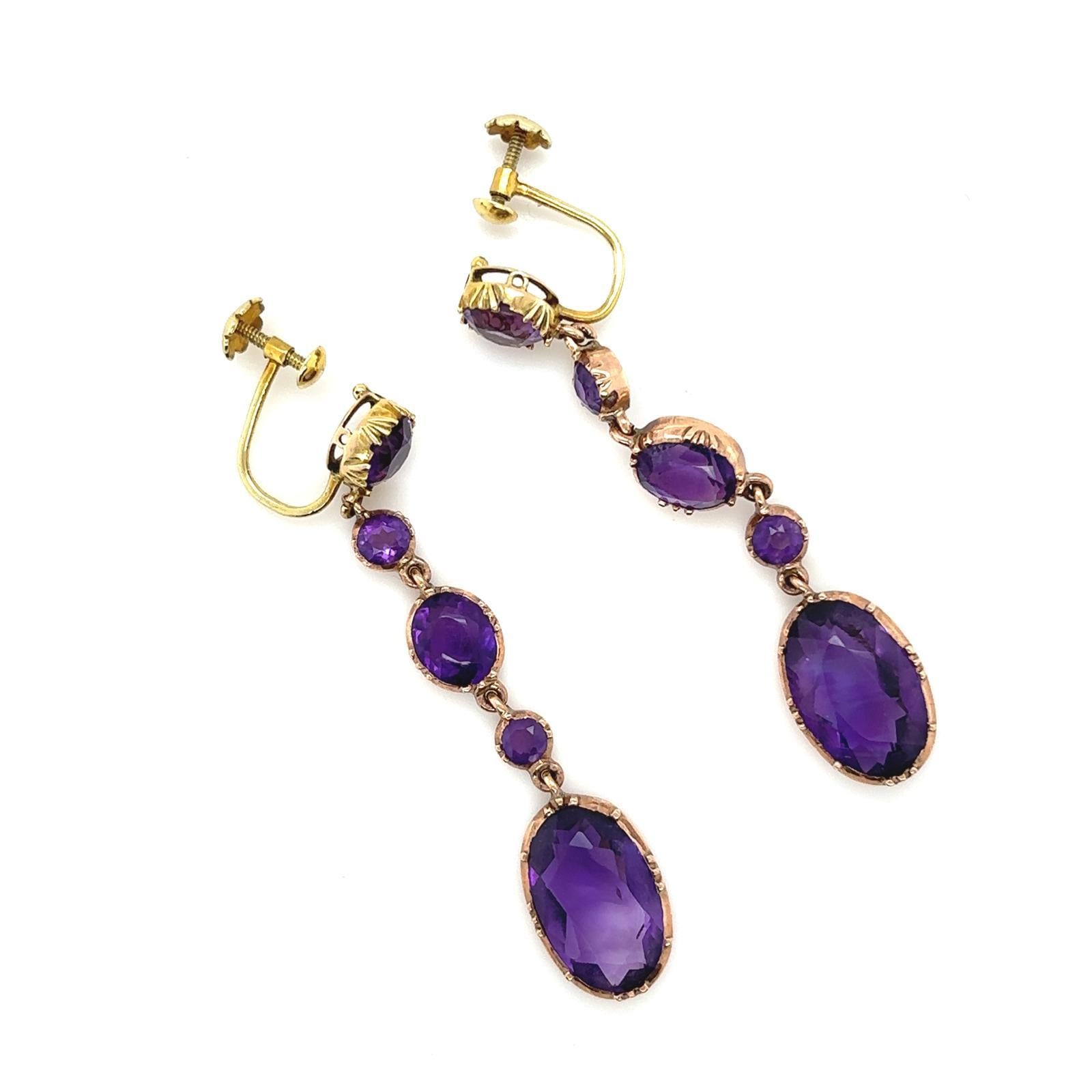 Victorian Amethyst Drop Earrings 15 Karat Yellow Gold For Sale 2
