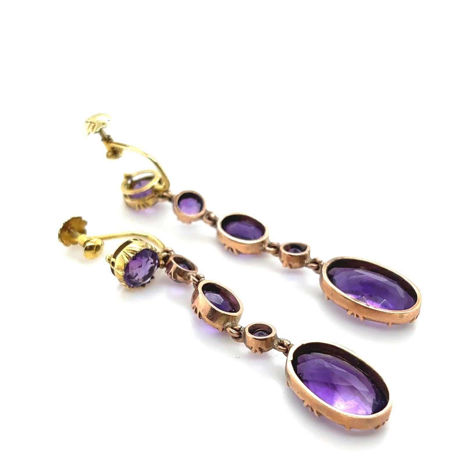 Victorian Amethyst Drop Earrings 15 Karat Yellow Gold For Sale 4