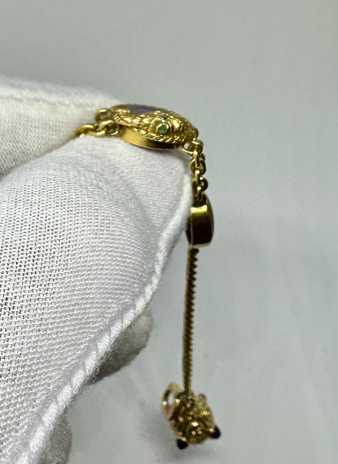 Pulsera Victoriana Amatista Esmeralda Diamante Serpiente Fob Oro 14 Kilates Antiguo en venta 5