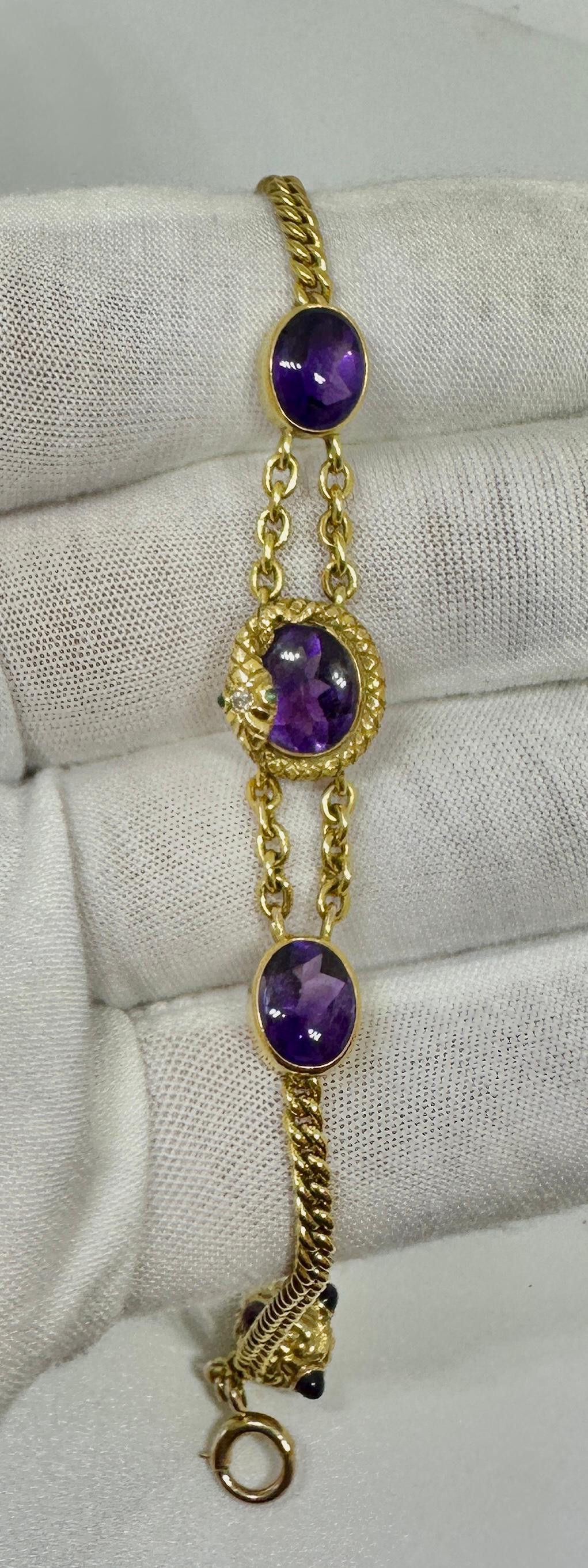 Pulsera Victoriana Amatista Esmeralda Diamante Serpiente Fob Oro 14 Kilates Antiguo Victoriano en venta
