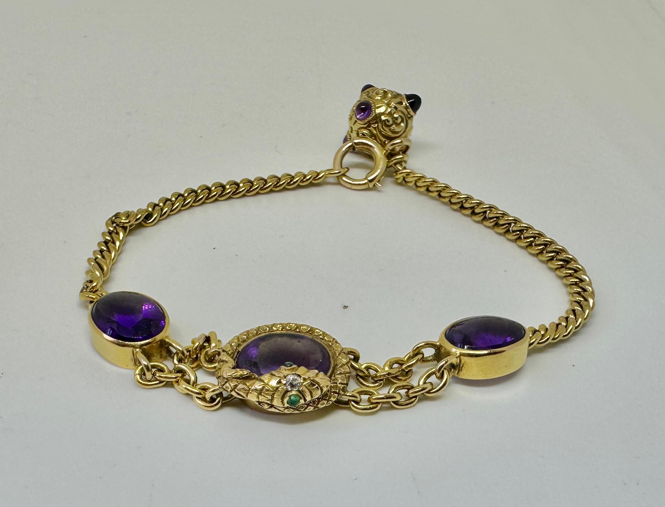 Pulsera Victoriana Amatista Esmeralda Diamante Serpiente Fob Oro 14 Kilates Antiguo Cabujón en venta