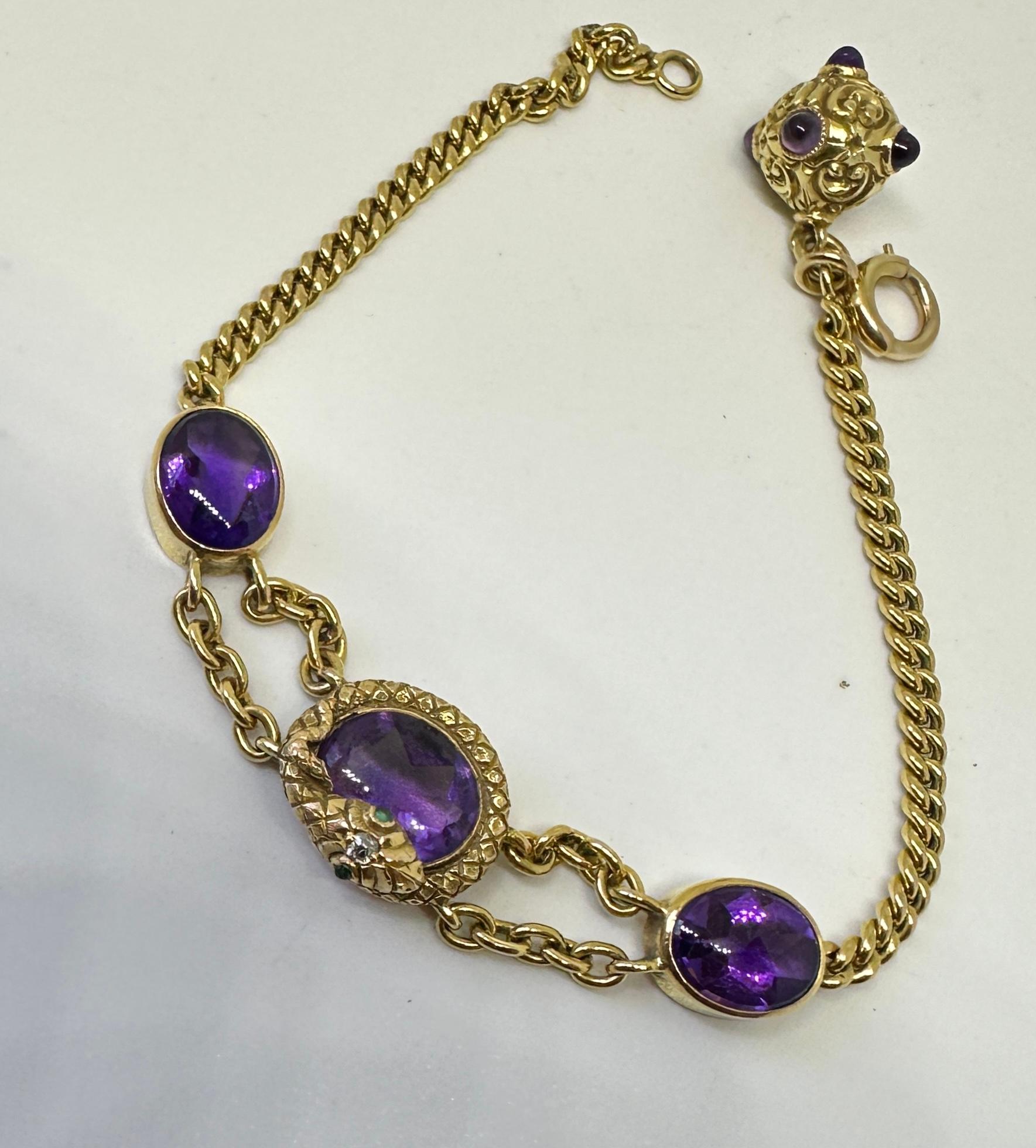 Pulsera Victoriana Amatista Esmeralda Diamante Serpiente Fob Oro 14 Kilates Antiguo en Excelente estado para la venta en New York, NY