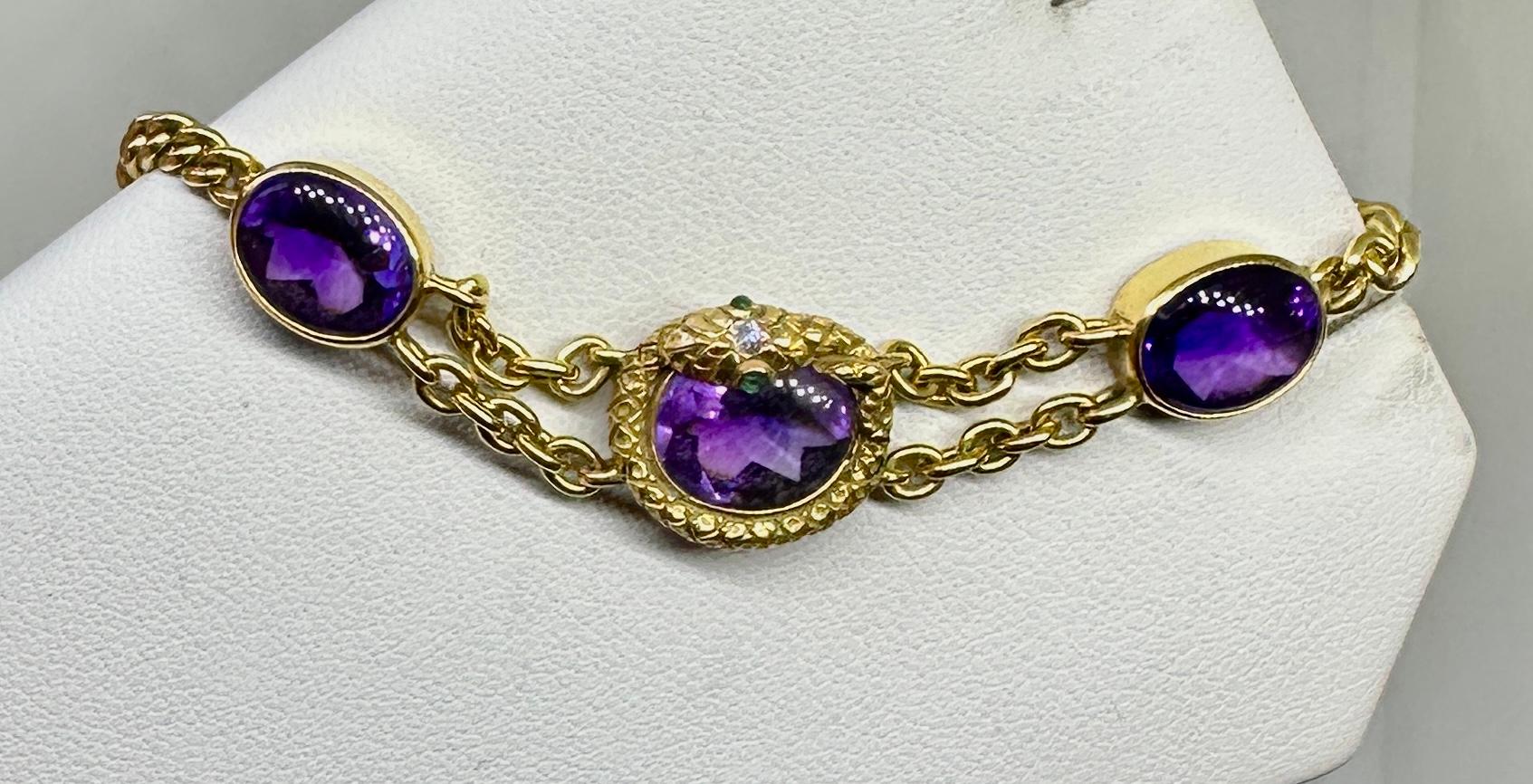 Femenino o masculino Pulsera Victoriana Amatista Esmeralda Diamante Serpiente Fob Oro 14 Kilates Antiguo en venta
