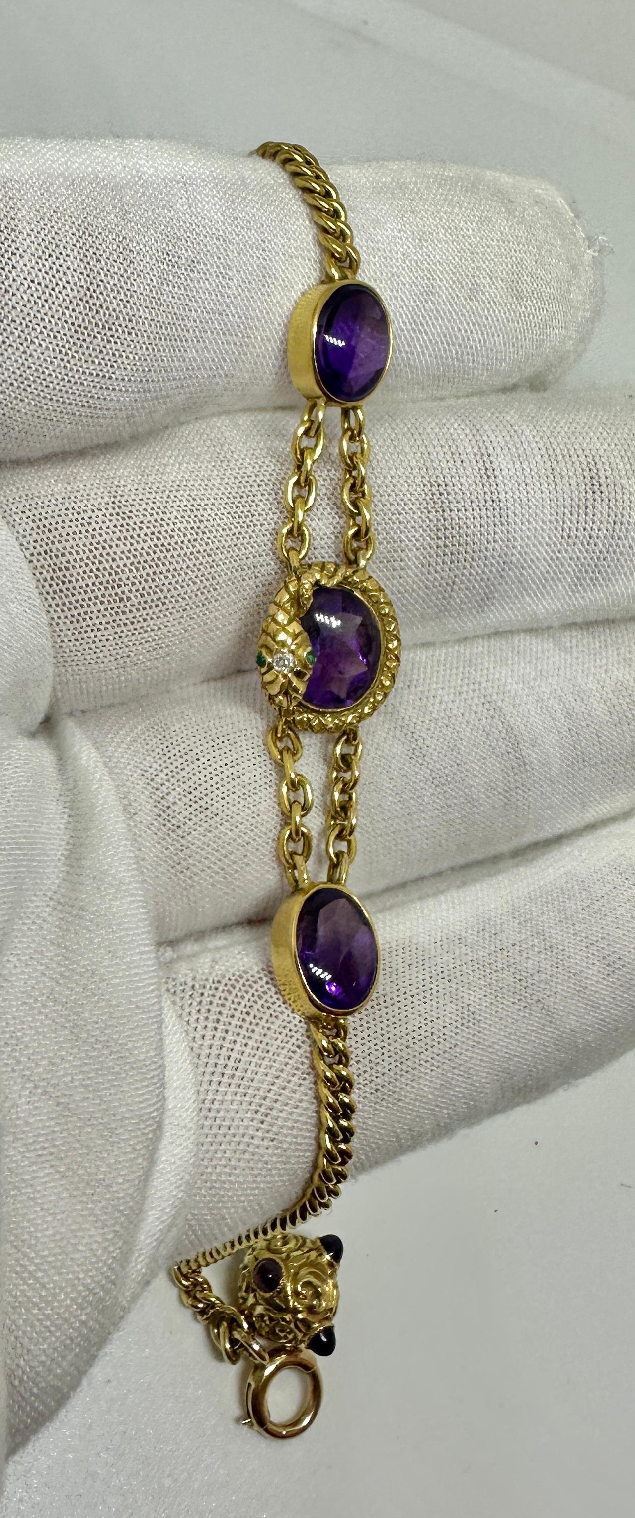 Pulsera Victoriana Amatista Esmeralda Diamante Serpiente Fob Oro 14 Kilates Antiguo en venta 1