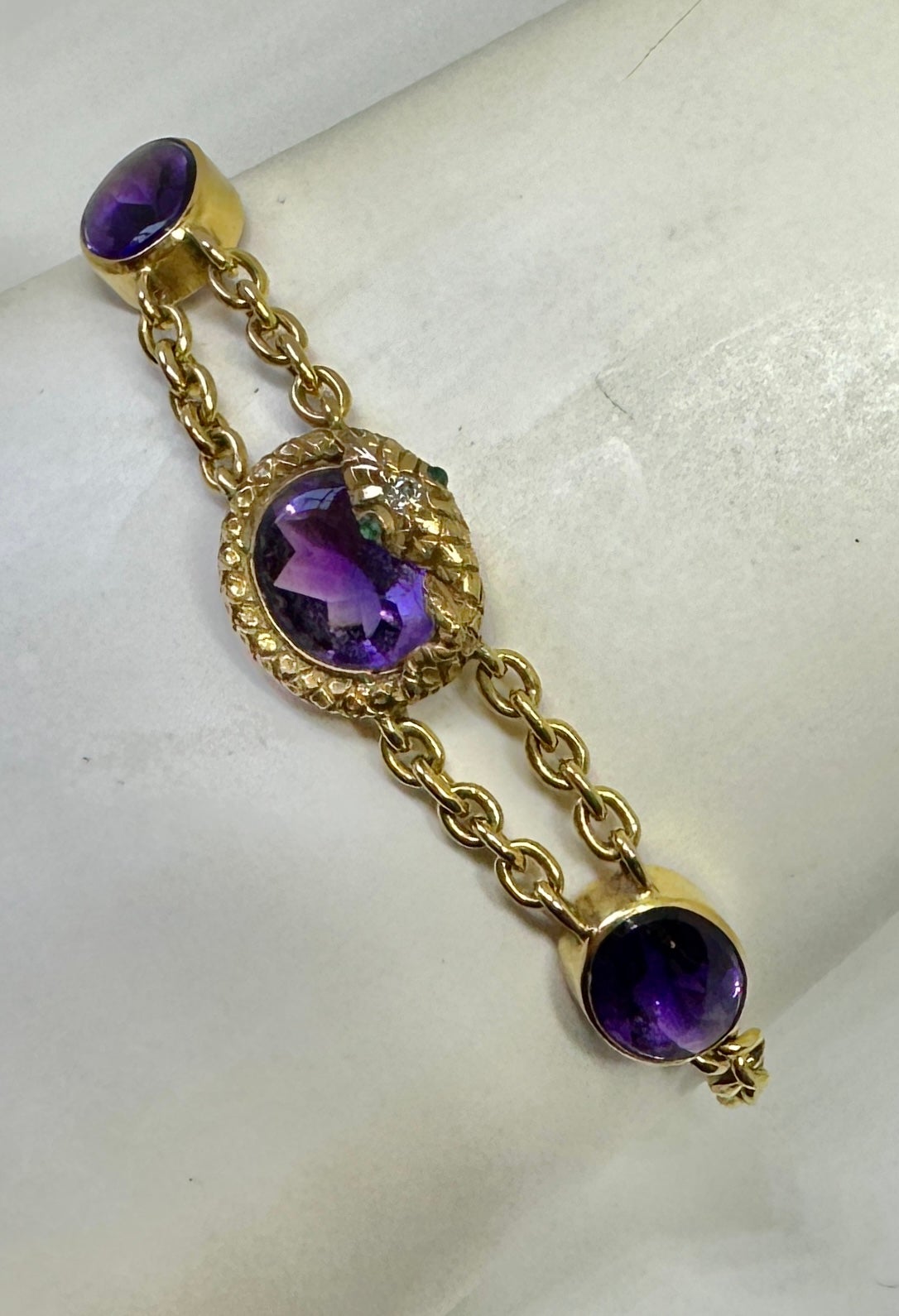 Pulsera Victoriana Amatista Esmeralda Diamante Serpiente Fob Oro 14 Kilates Antiguo en venta 2