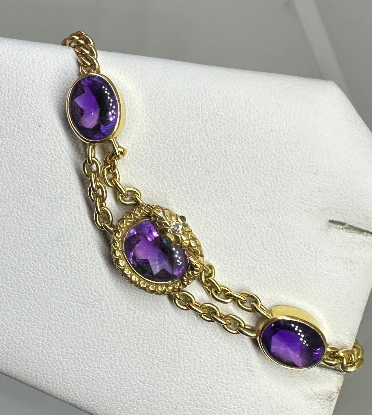 Pulsera Victoriana Amatista Esmeralda Diamante Serpiente Fob Oro 14 Kilates Antiguo en venta 3