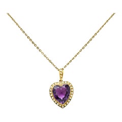 Antique Victorian Amethyst Freshwater Natural Pearl 14 Karat Gold Heart Pendant Necklace