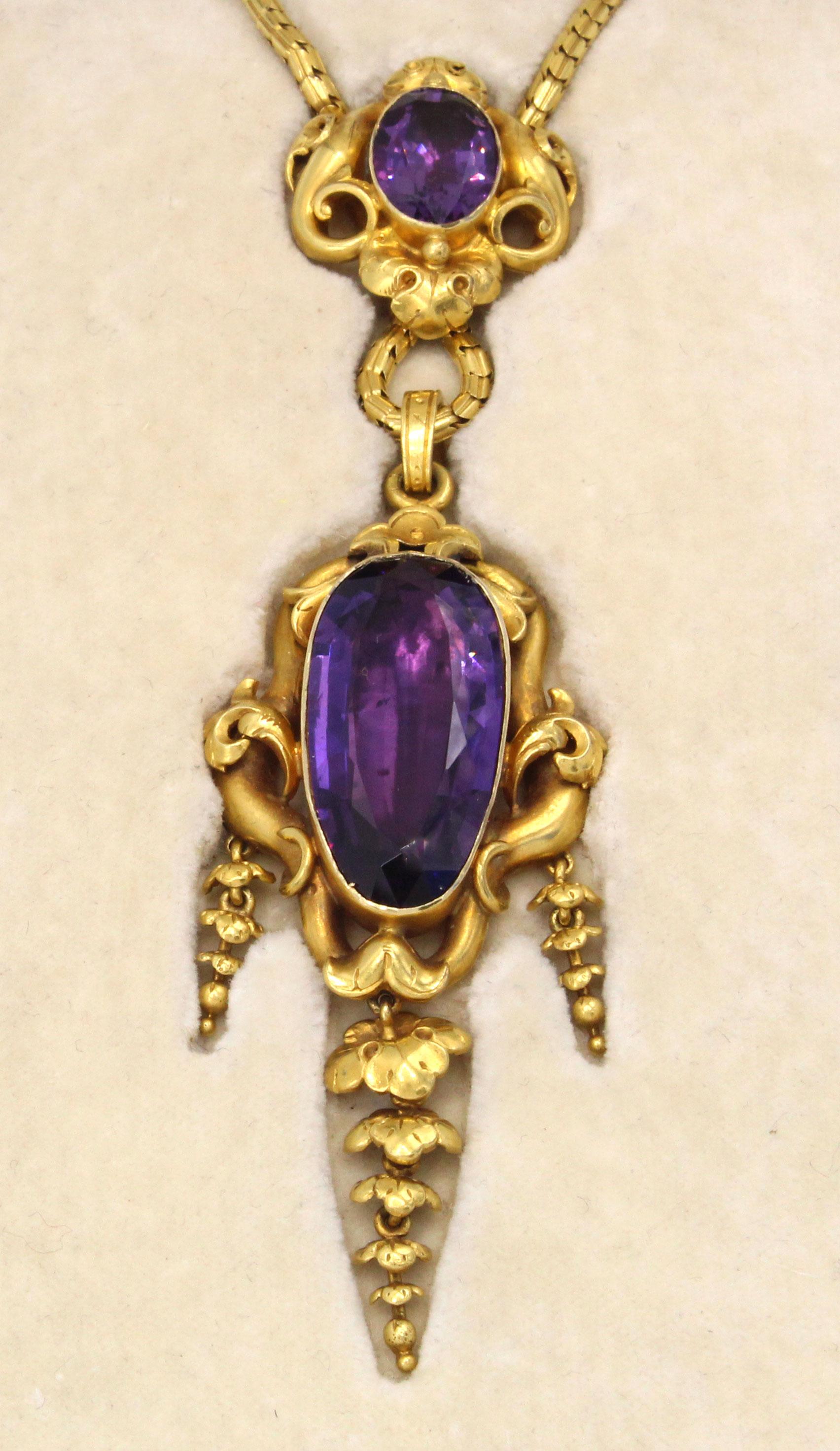 Mixed Cut Victorian Amethyst Gold Pendant Necklace For Sale