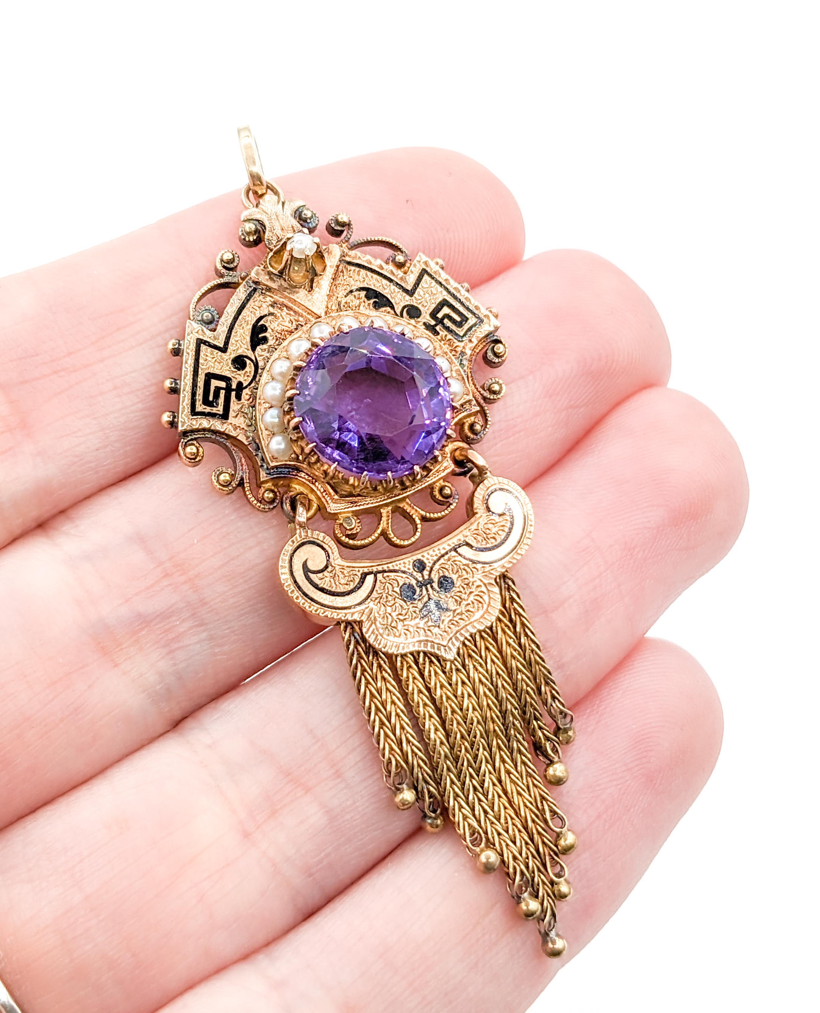 Victorian Amethyst Gold Taille d'Épargne Fringe Pendant with Seed Pearls For Sale 4