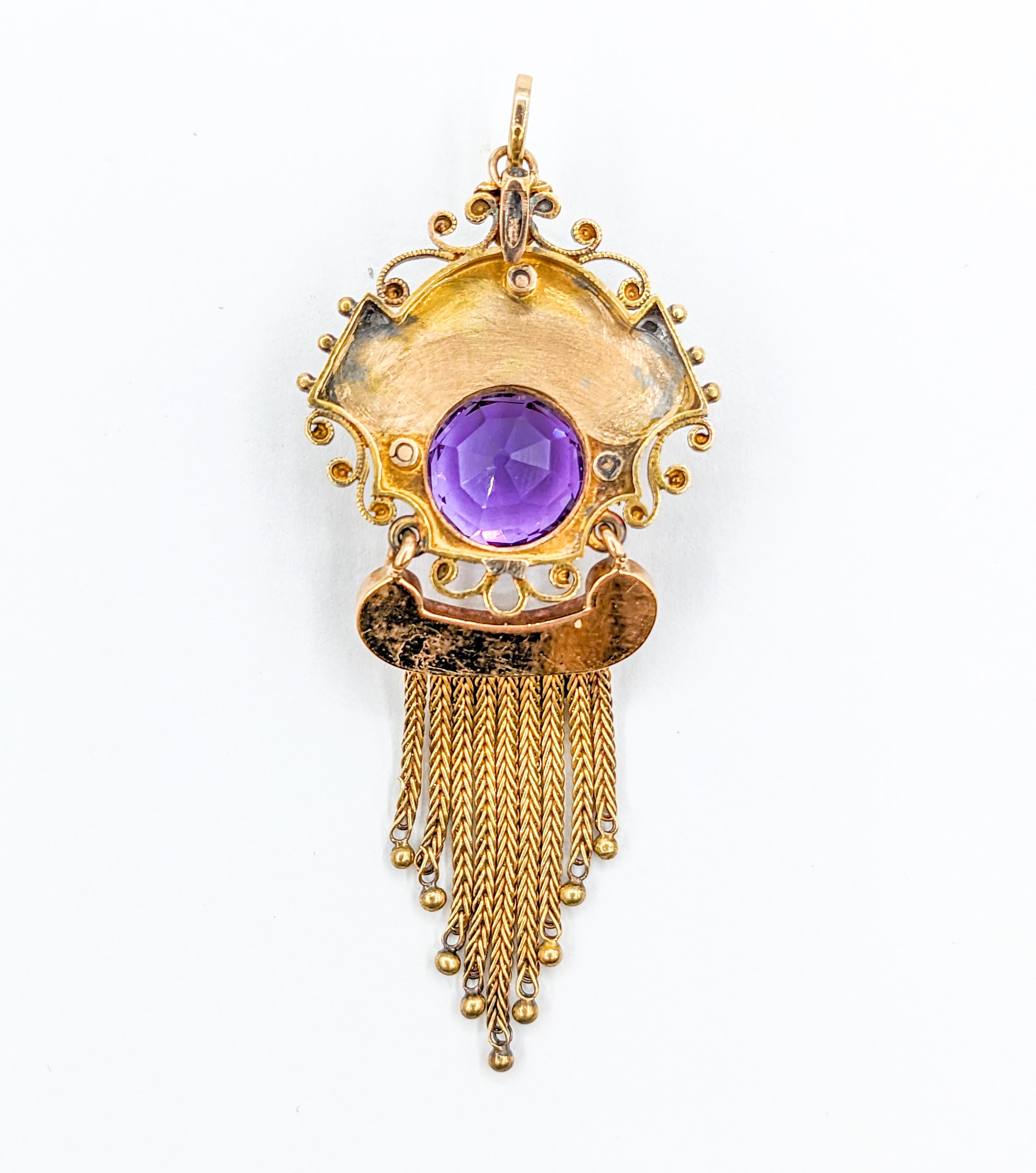 Late Victorian Victorian Amethyst Gold Taille d'Épargne Fringe Pendant with Seed Pearls For Sale