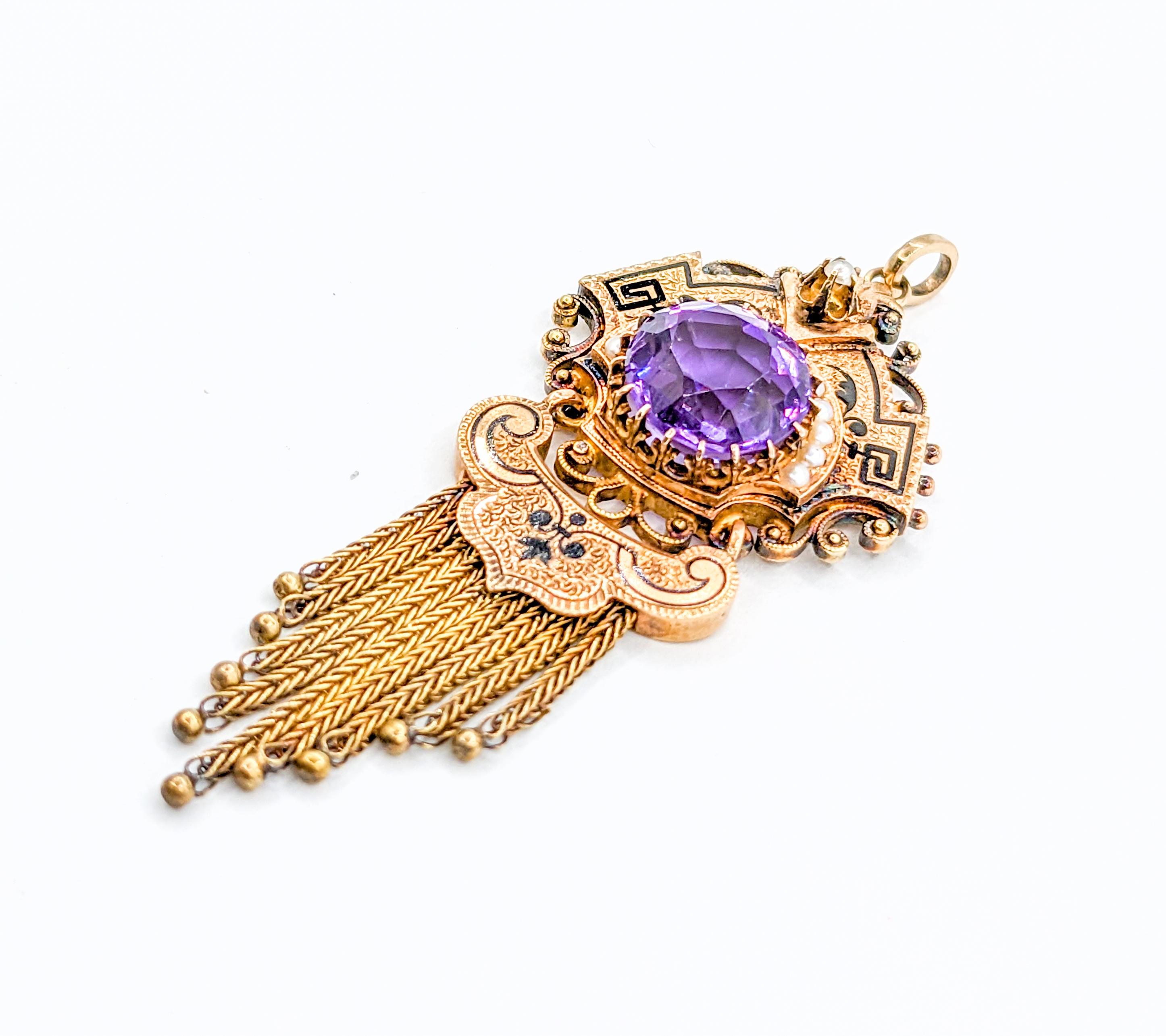 Round Cut Victorian Amethyst Gold Taille d'Épargne Fringe Pendant with Seed Pearls For Sale