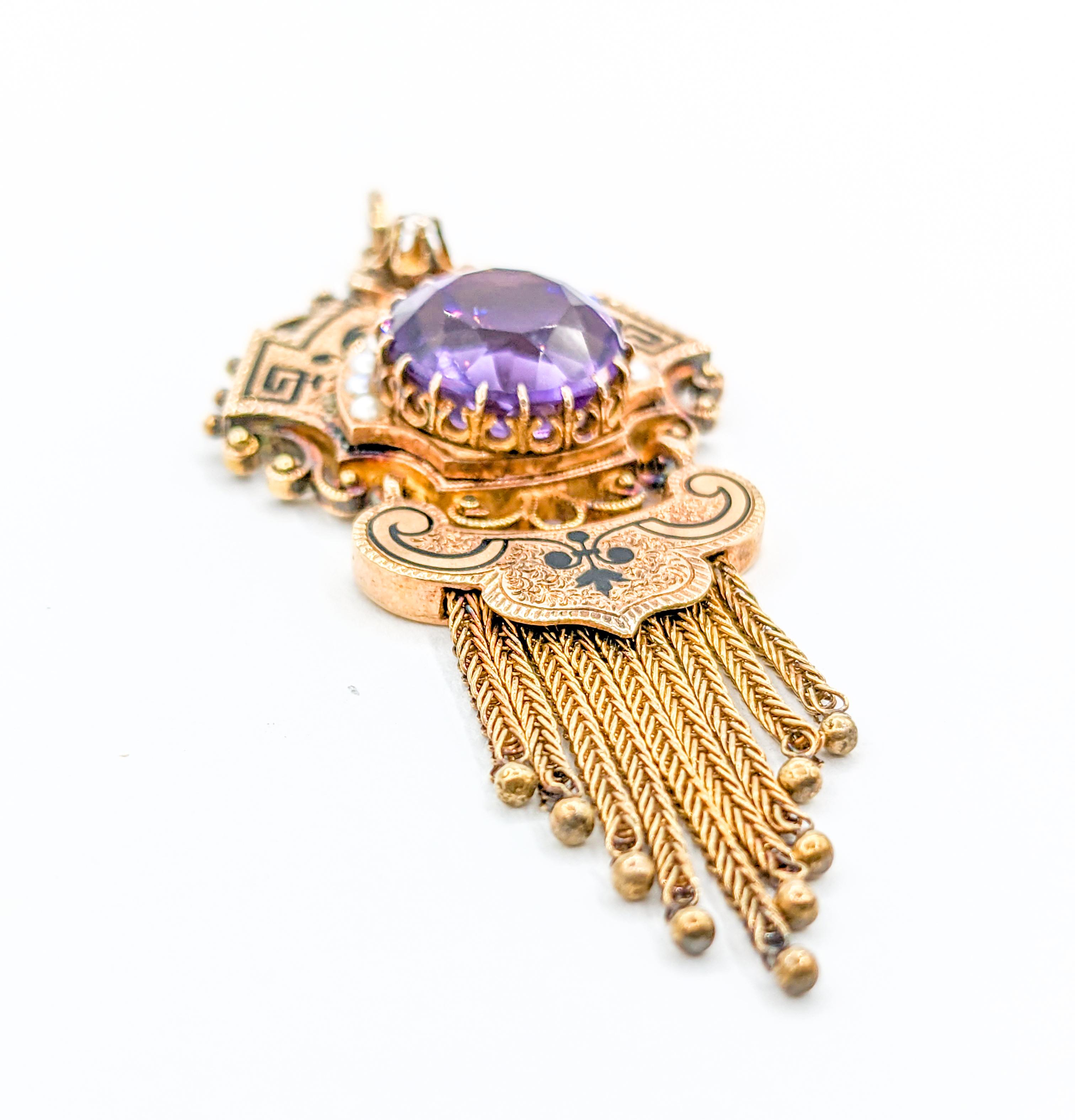 Victorian Amethyst Gold Taille d'Épargne Fringe Pendant with Seed Pearls In Excellent Condition For Sale In Bloomington, MN