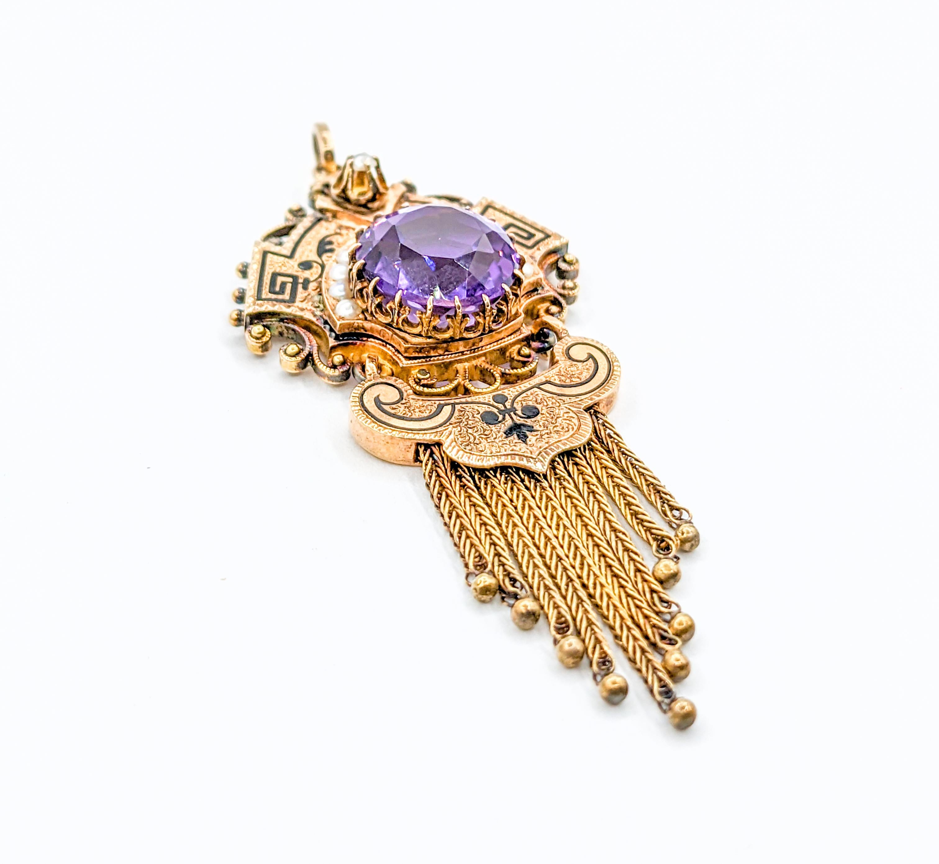 Women's Victorian Amethyst Gold Taille d'Épargne Fringe Pendant with Seed Pearls For Sale