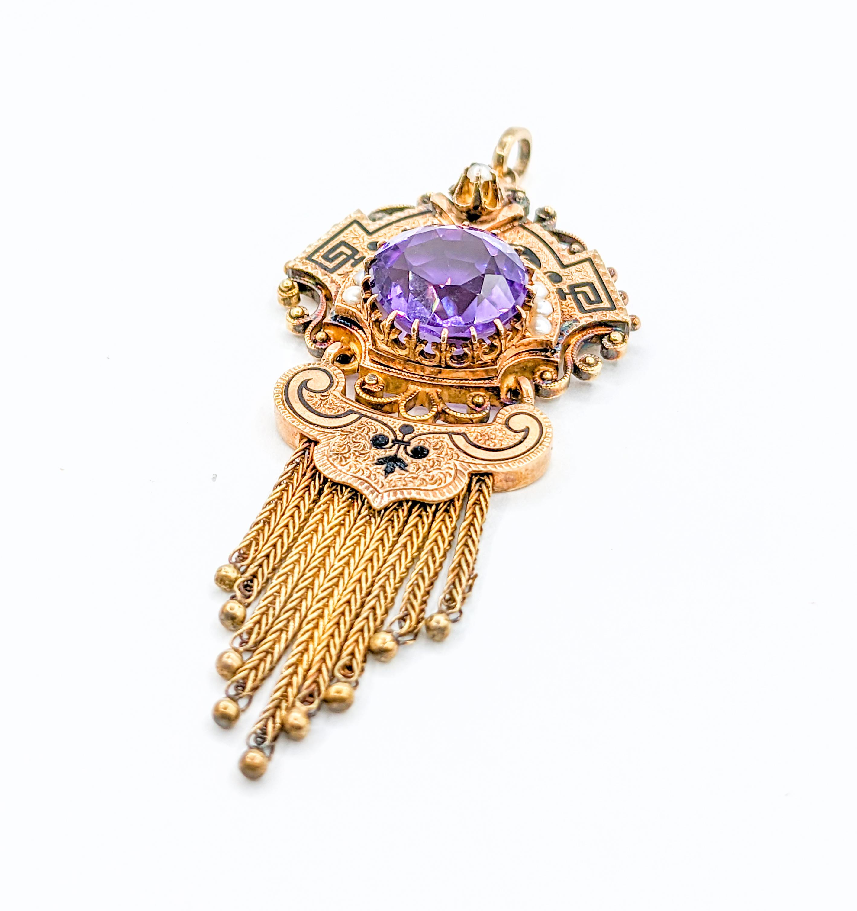 Victorian Amethyst Gold Taille d'Épargne Fringe Pendant with Seed Pearls For Sale 1
