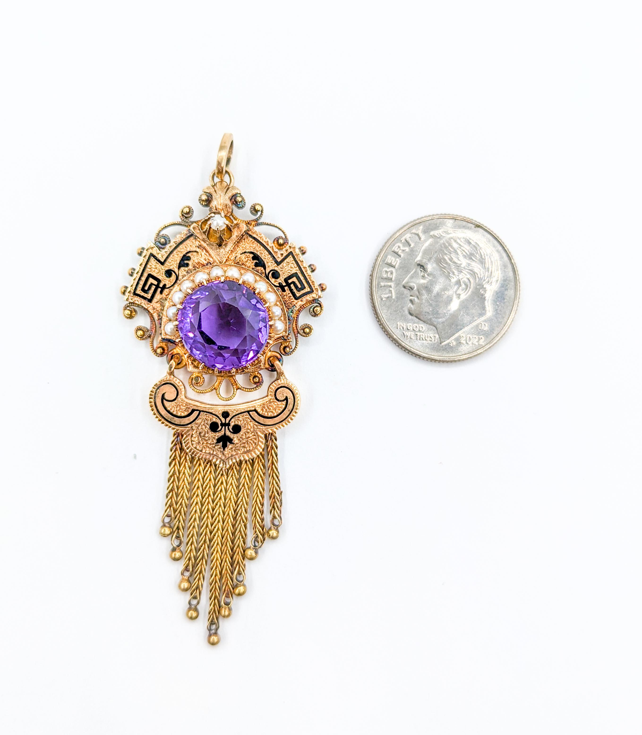 Victorian Amethyst Gold Taille d'Épargne Fringe Pendant with Seed Pearls For Sale 2