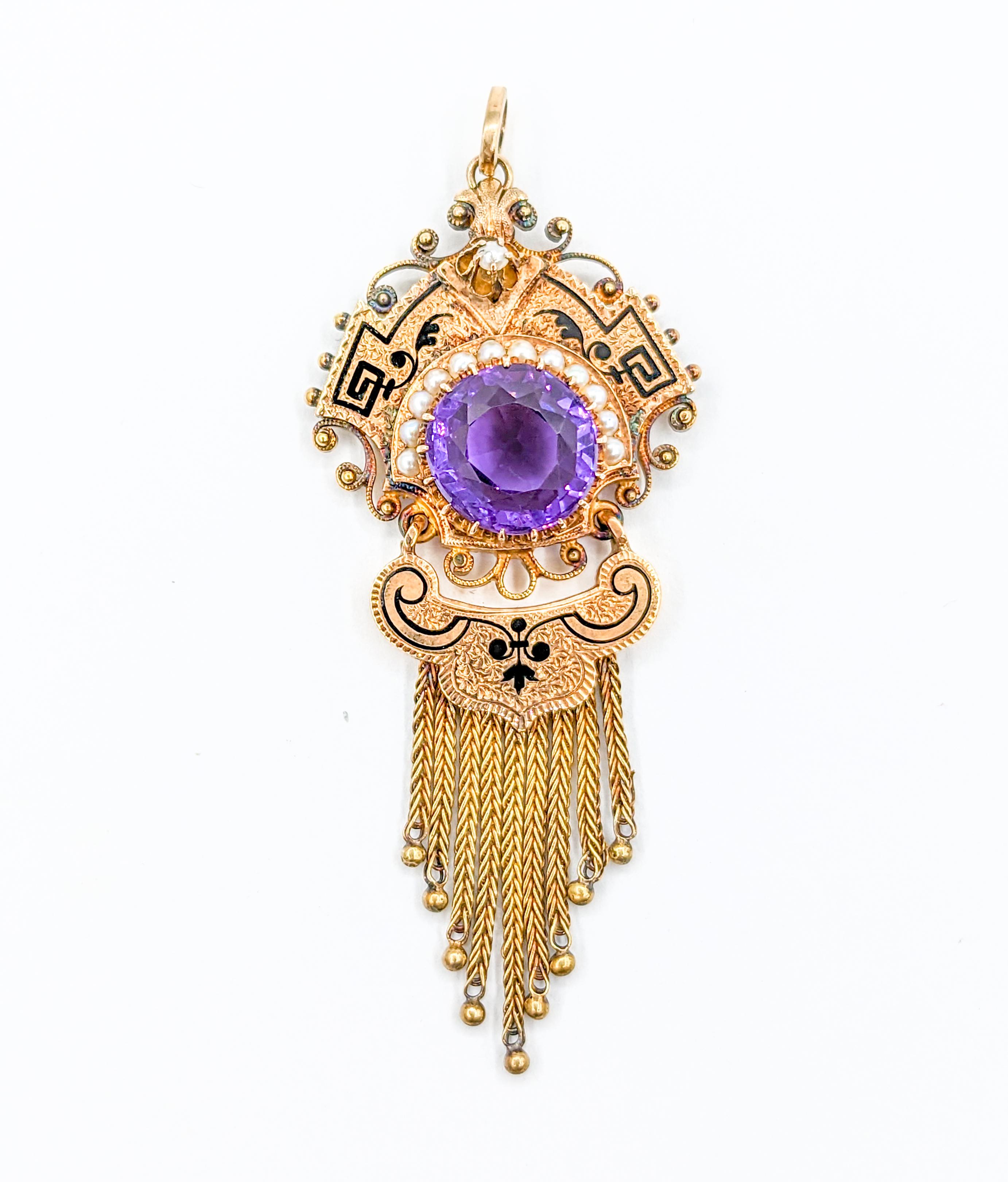 Victorian Amethyst Gold Taille d'Épargne Fringe Pendant with Seed Pearls For Sale 3