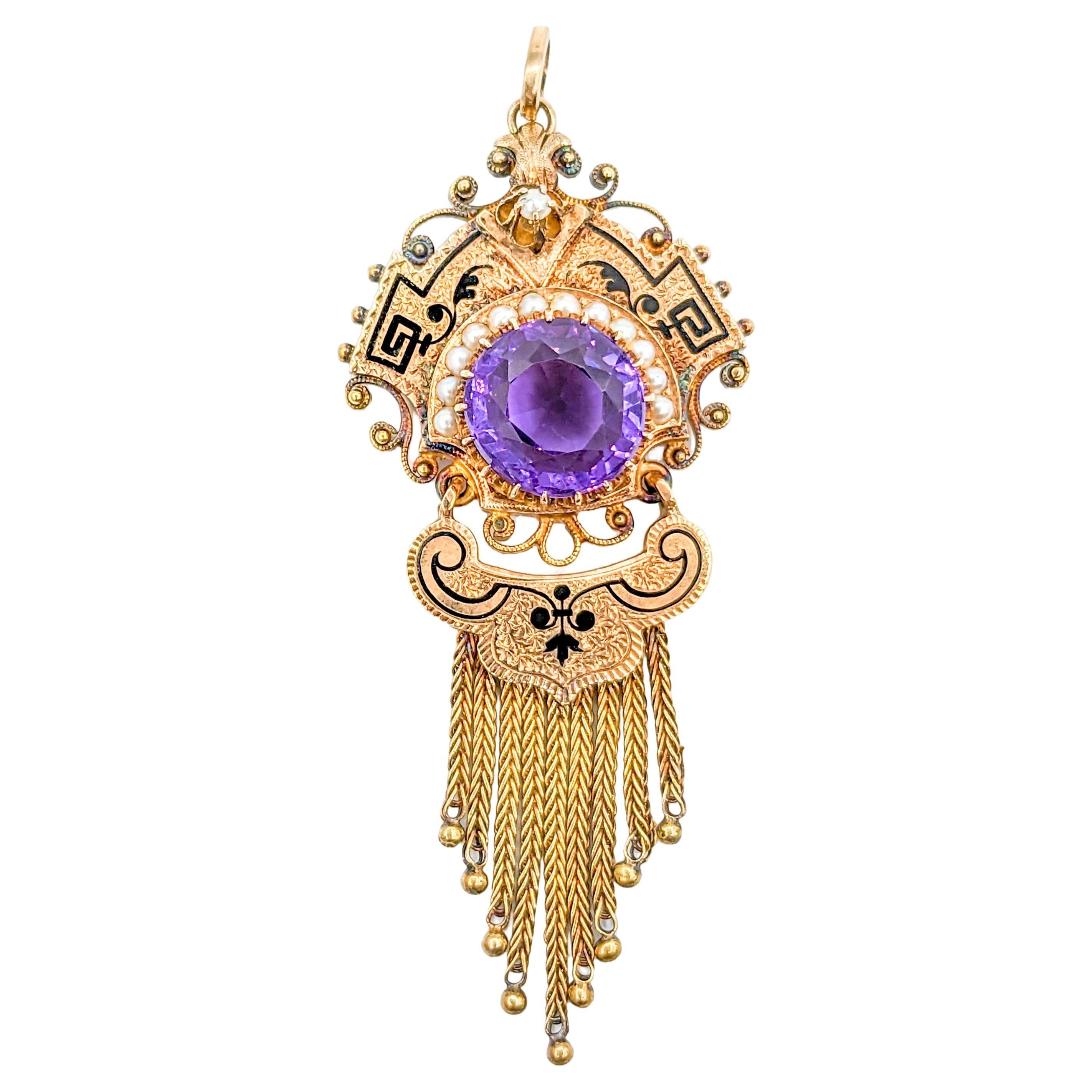 Victorian Amethyst Gold Taille d'Épargne Fringe Pendant with Seed Pearls For Sale