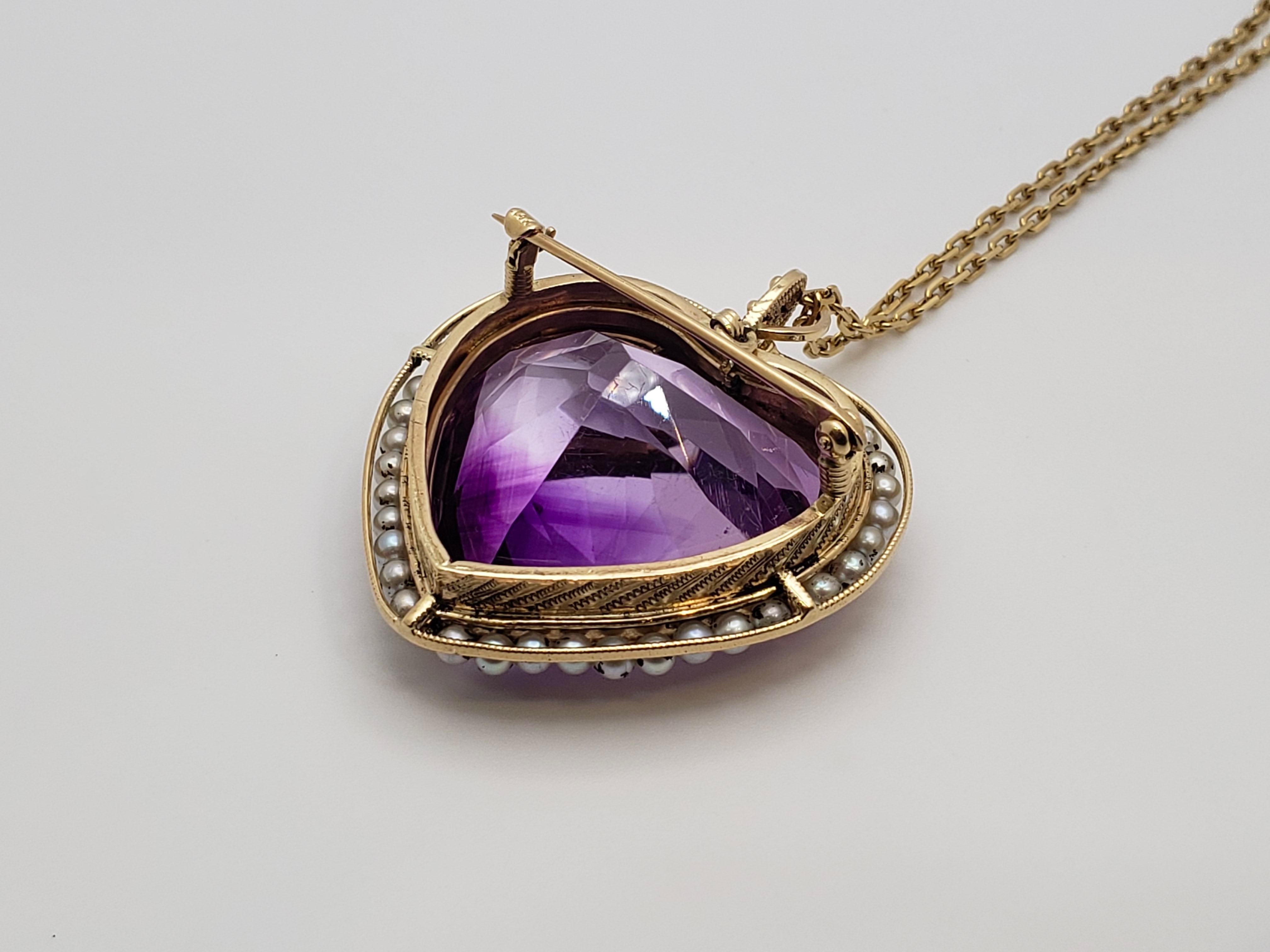 Victorian Amethyst Heart Shaped 14K Yellow Gold Pendant And Pin For Sale 1