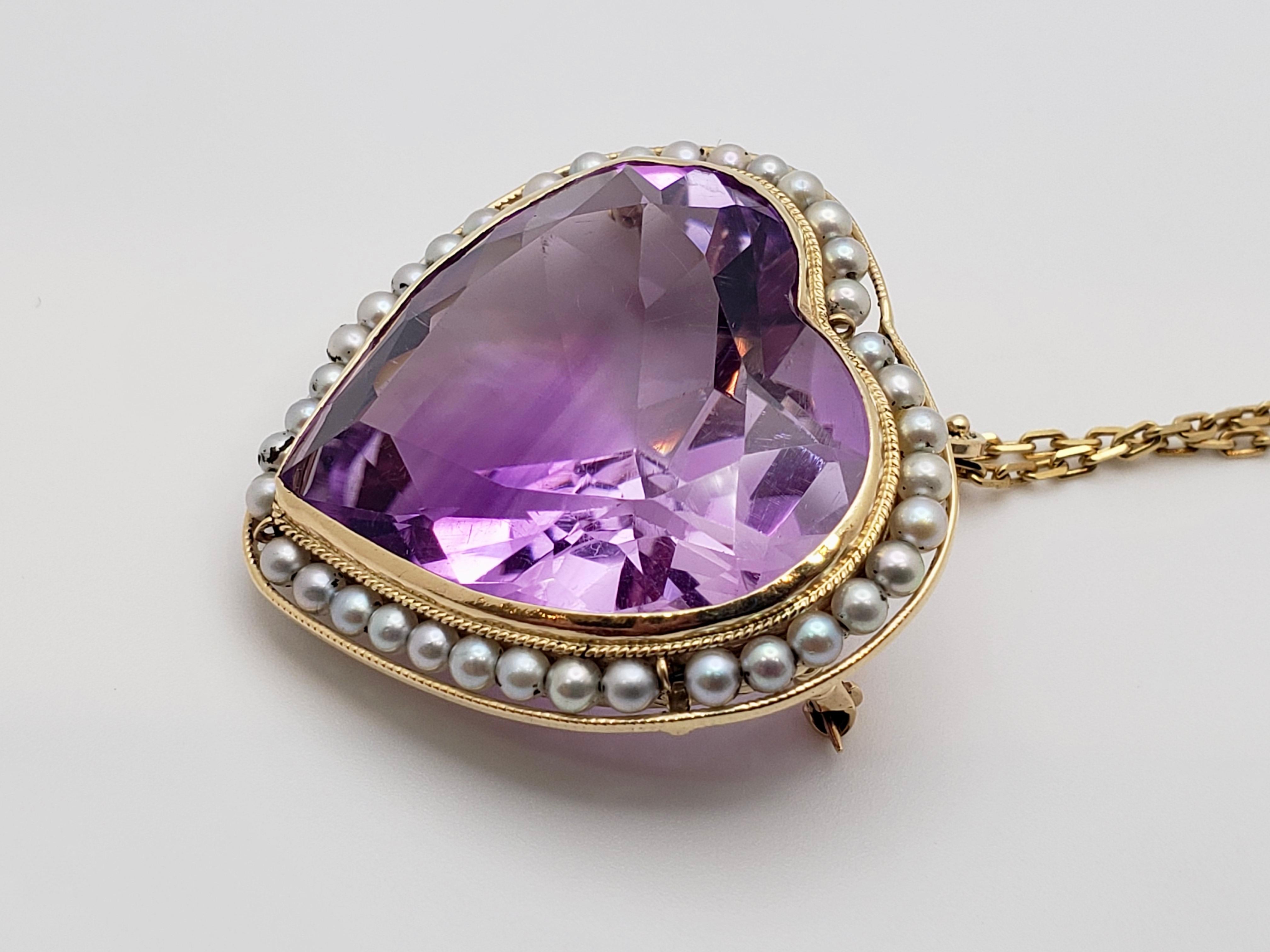 Victorian Amethyst Heart Shaped 14K Yellow Gold Pendant And Pin For Sale 2