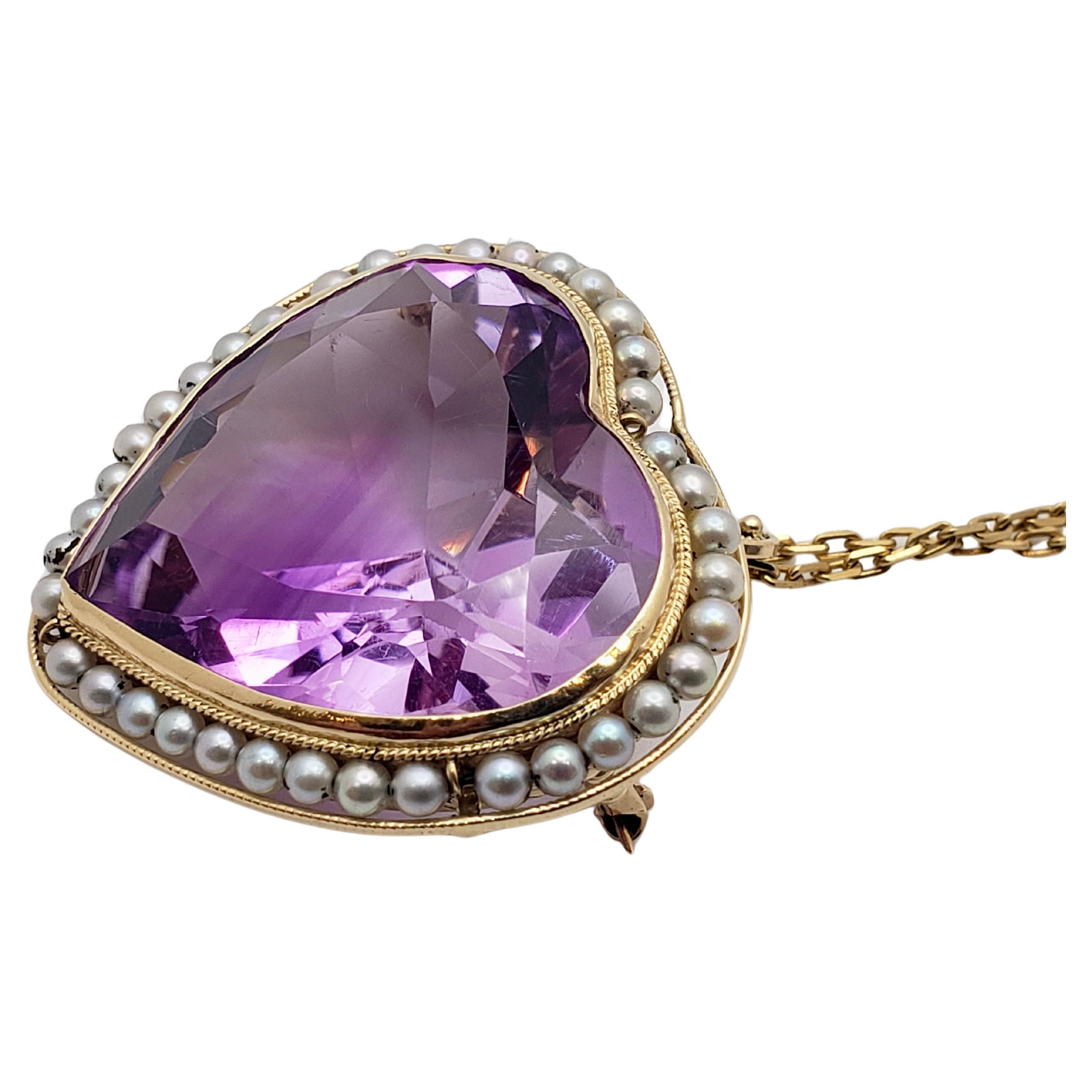 Victorian Amethyst Heart Shaped 14K Yellow Gold Pendant And Pin For Sale