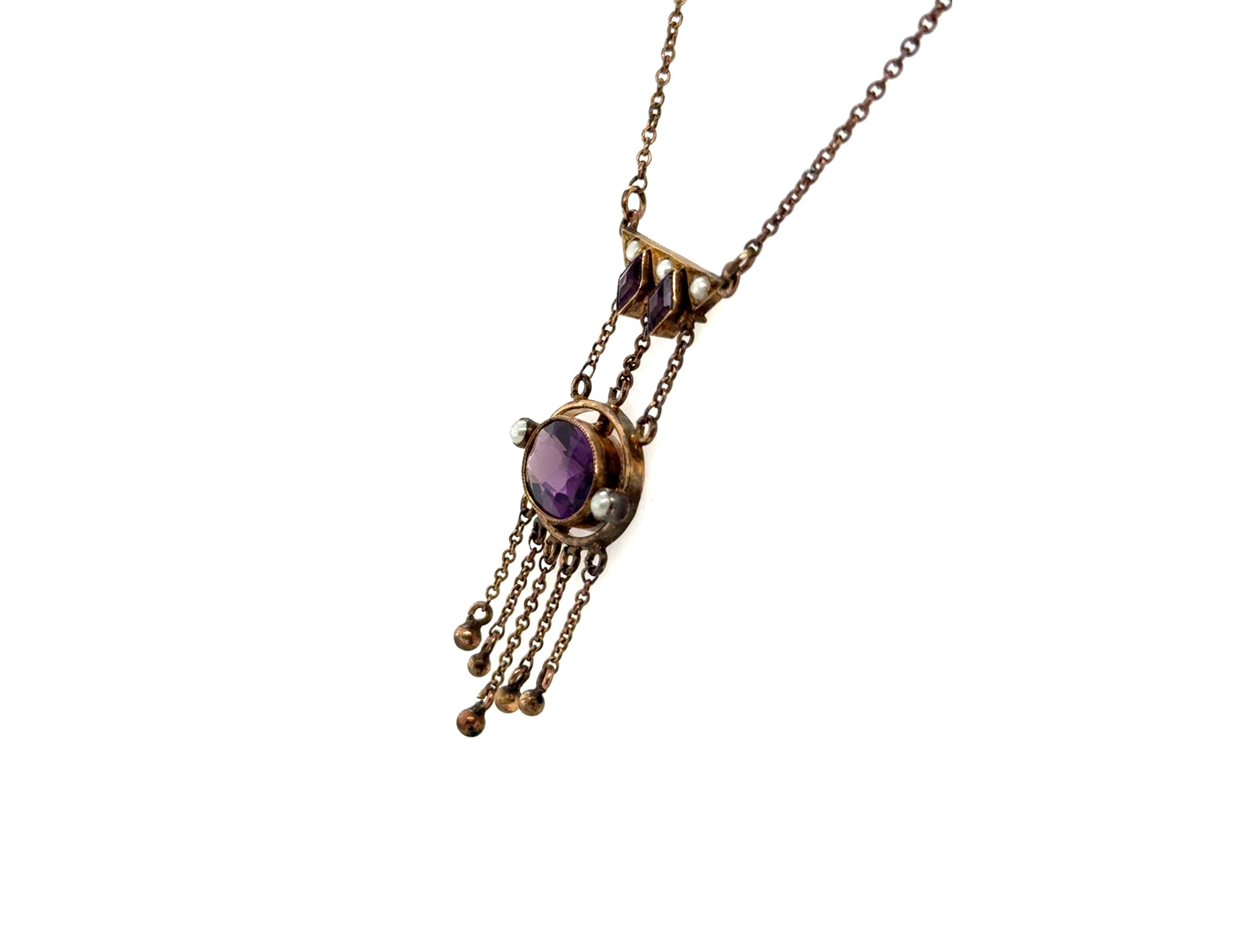 Vittoriano Collana vittoriana con ciondolo di ametista e perle di seme antica 14 carati originale 187 in vendita
