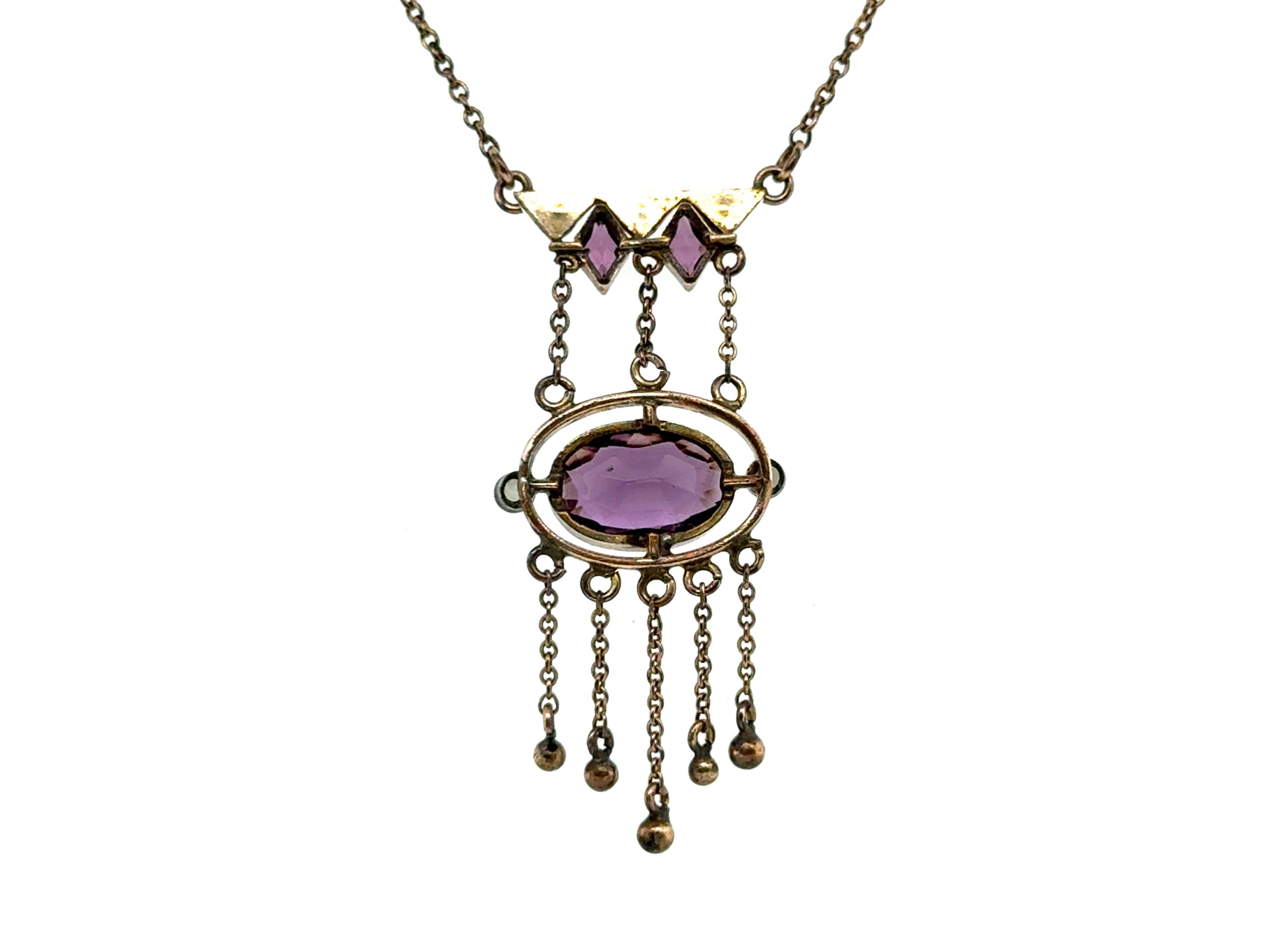 Taglio ovale Collana vittoriana con ciondolo di ametista e perle di seme antica 14 carati originale 187 in vendita