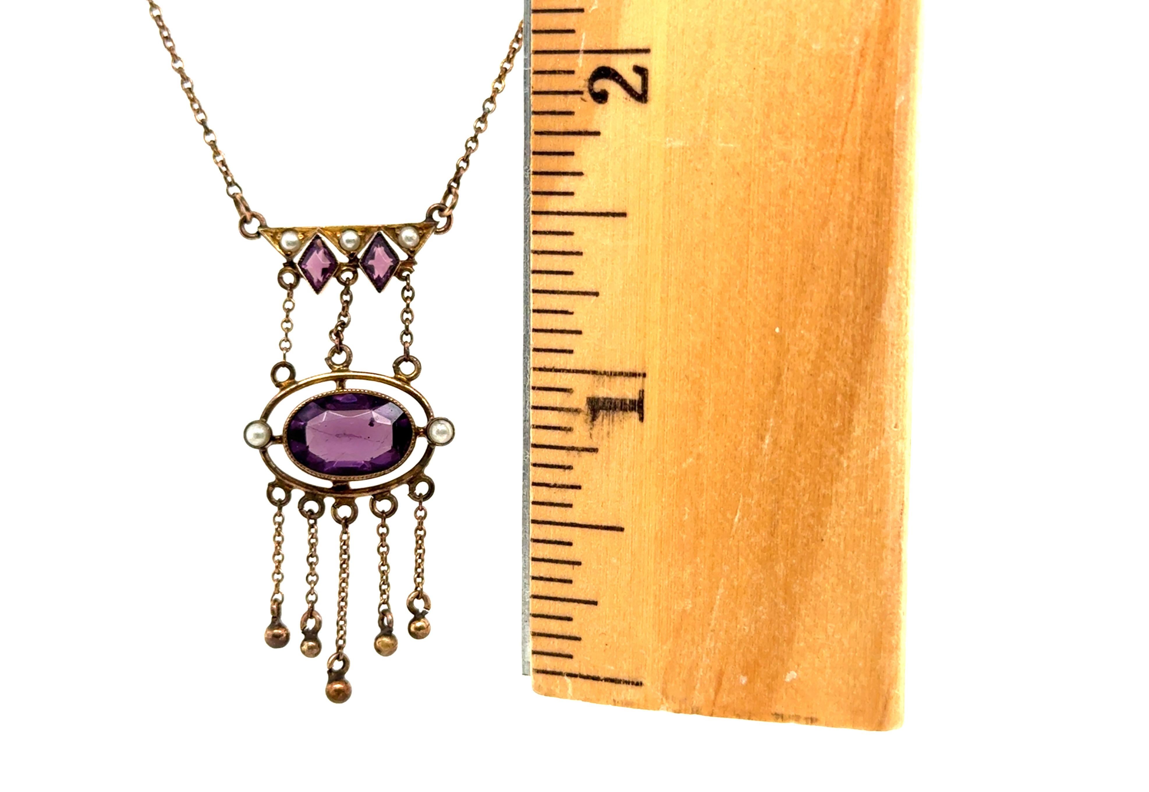Collana vittoriana con ciondolo di ametista e perle di seme antica 14 carati originale 187 In condizioni ottime in vendita a Dearborn, MI
