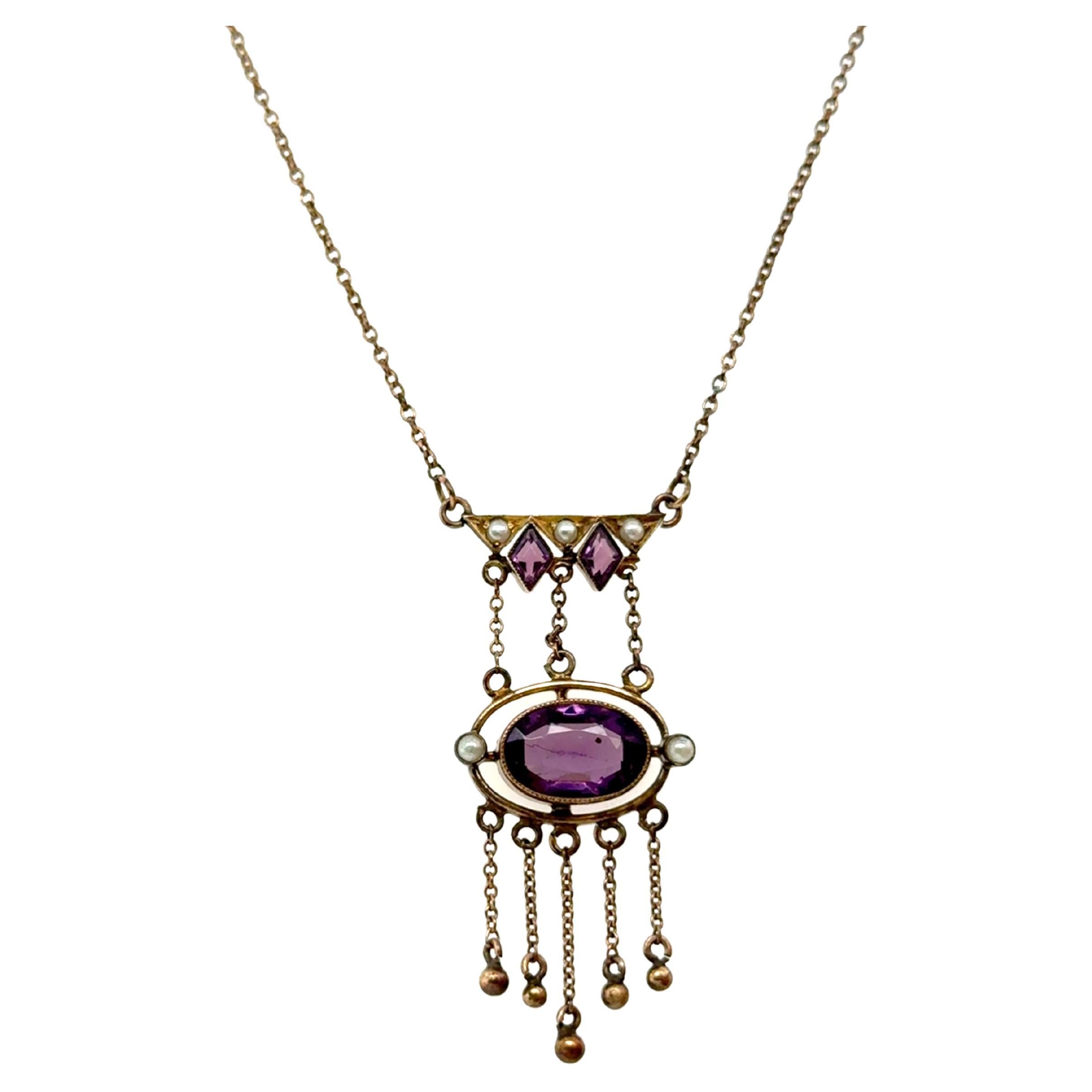 Victorian Amethyst Lavalier Pendant Necklace Seed Pearl Antique 14K Original 187