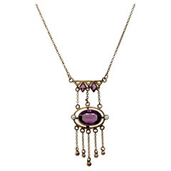 Victorian Amethyst Lavalier Pendant Necklace Seed Pearl Antique 14K Original 187