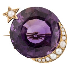 Victorian Amethyst Moon and Star Watch Pin in 15K Gold