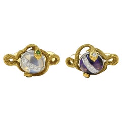 Victorian Amethyst Moonstone Diamond Emerald 14K Gold Antique Snake Cufflinks