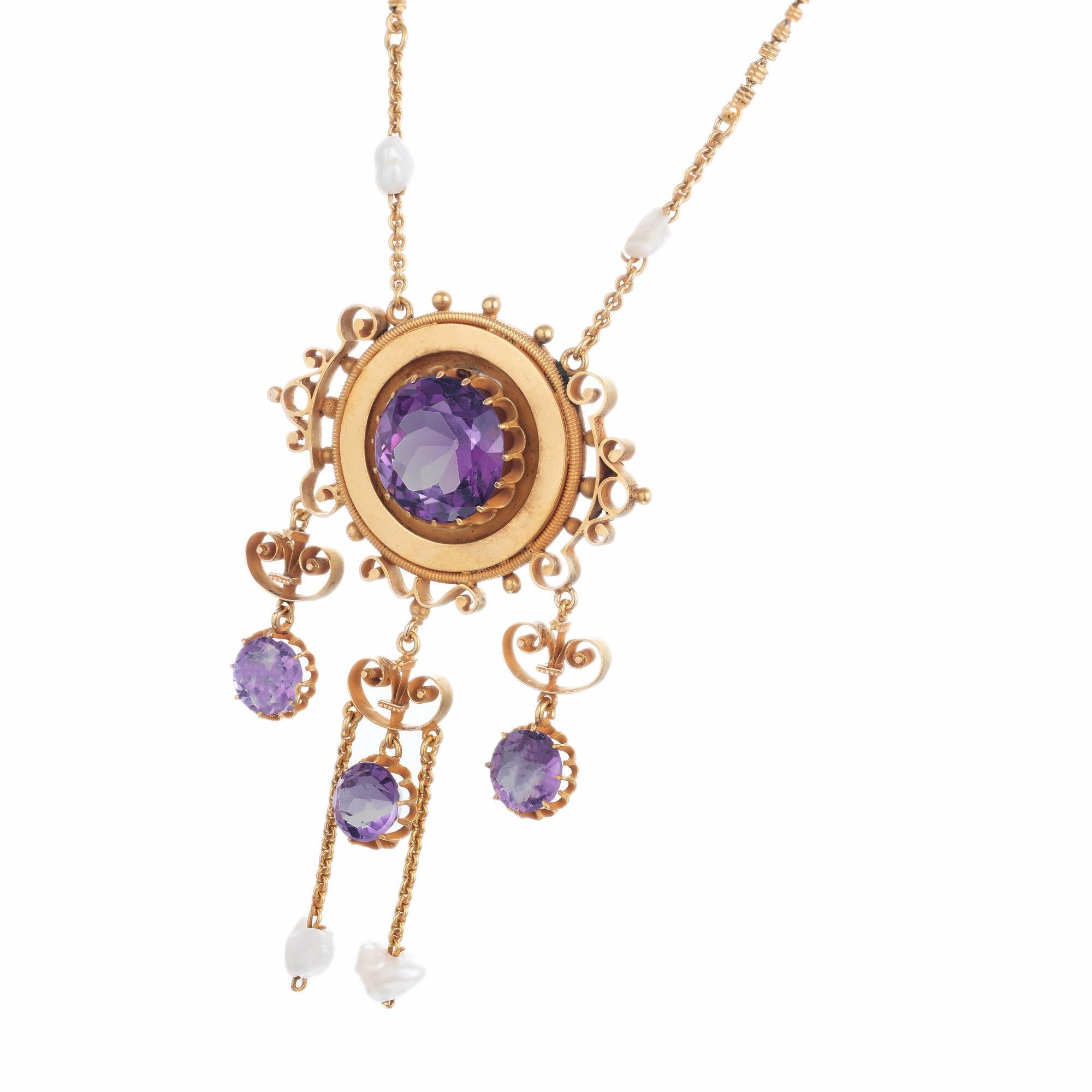 Original handmade Victorian pendant.  7.75 carat center round amethyst with 3 antique round cut Amethyst dangle below with scroll design hangers along with 2 natural fresh water pearls. Two more natural fresh pearls are above and above that is a