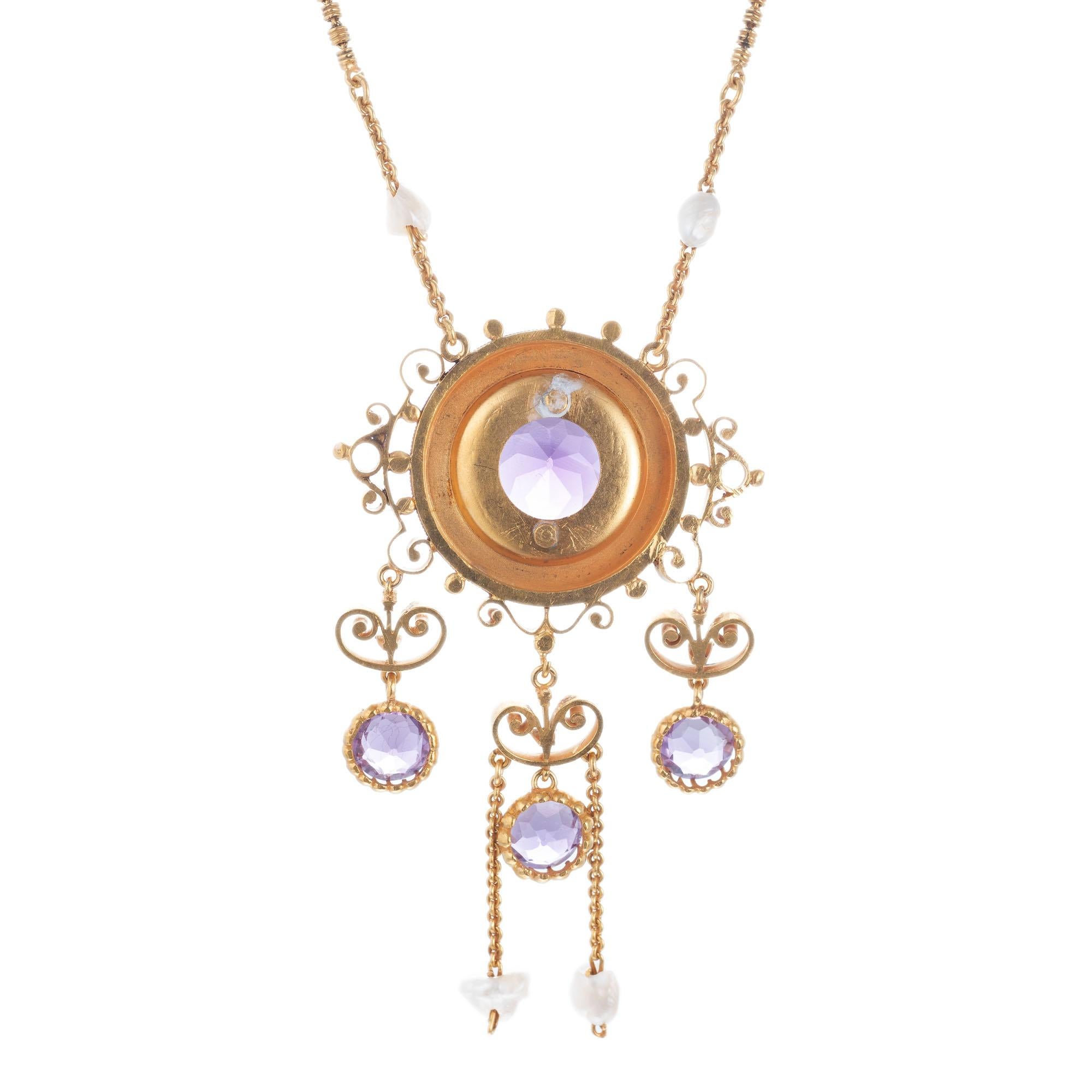 Round Cut Victorian Amethyst Natural Freshwater Pearl Pendant Necklace For Sale