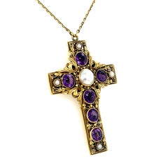 Victorian Amethyst & Natural Pearl Floral Cross Pendant & Chain Double Sided