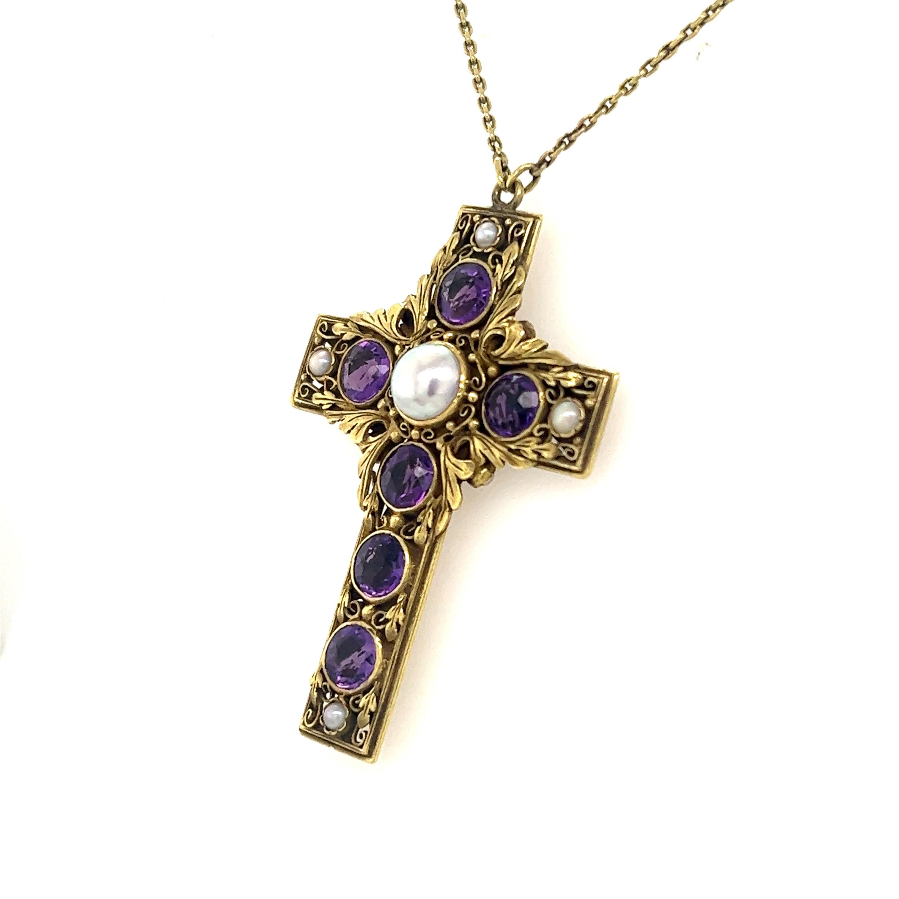 Viktorianischer Amethyst- und Naturperlen-Blumenkreuz-Anhänger & Kette, doppelseitig (Rundschliff)