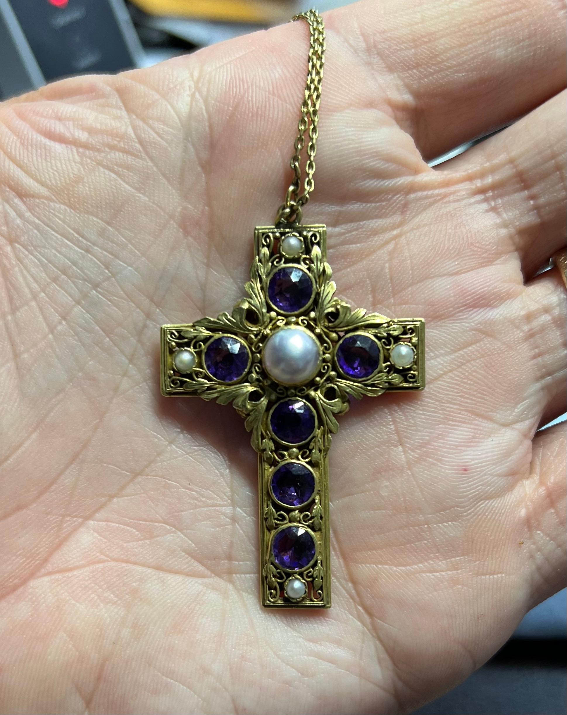 Round Cut Victorian Amethyst & Natural Pearl Floral Cross Pendant & Chain Double Sided For Sale