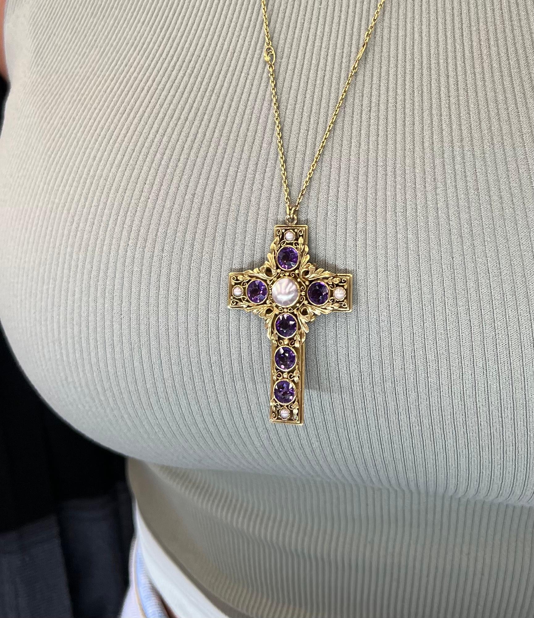 Women's or Men's Victorian Amethyst & Natural Pearl Floral Cross Pendant & Chain Double Sided For Sale